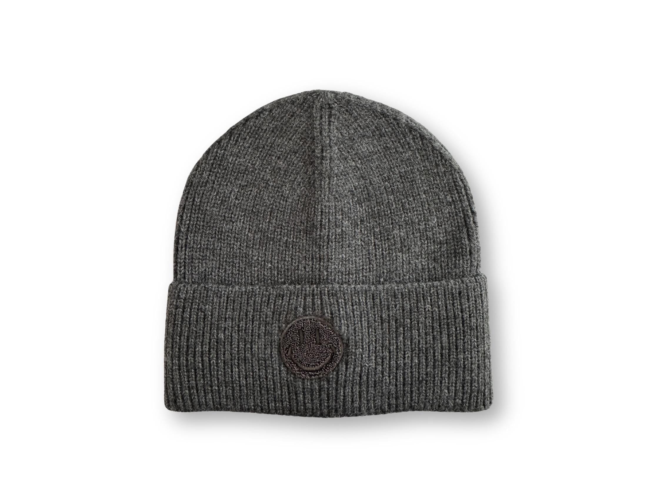 Strick Mütze mit gesticktem Smiley | Beanie in dunkelgrau, hellgrau, taupe, beige und pink | gestrickte Mütze