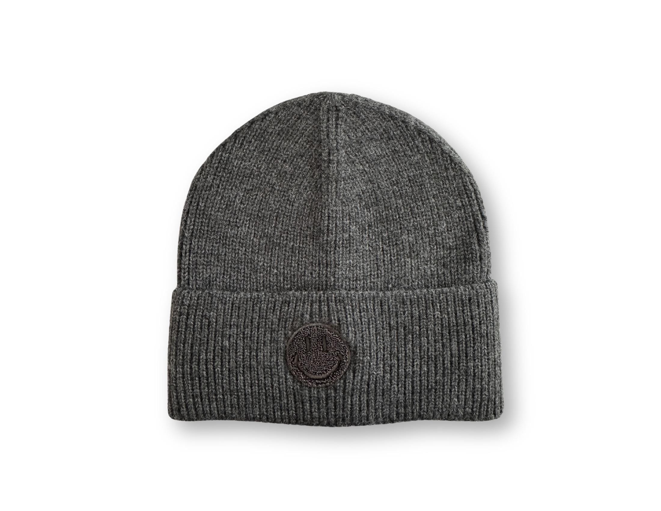 Strick Mütze mit gesticktem Smiley | Beanie in dunkelgrau, hellgrau, taupe, beige und pink | gestrickte Mütze