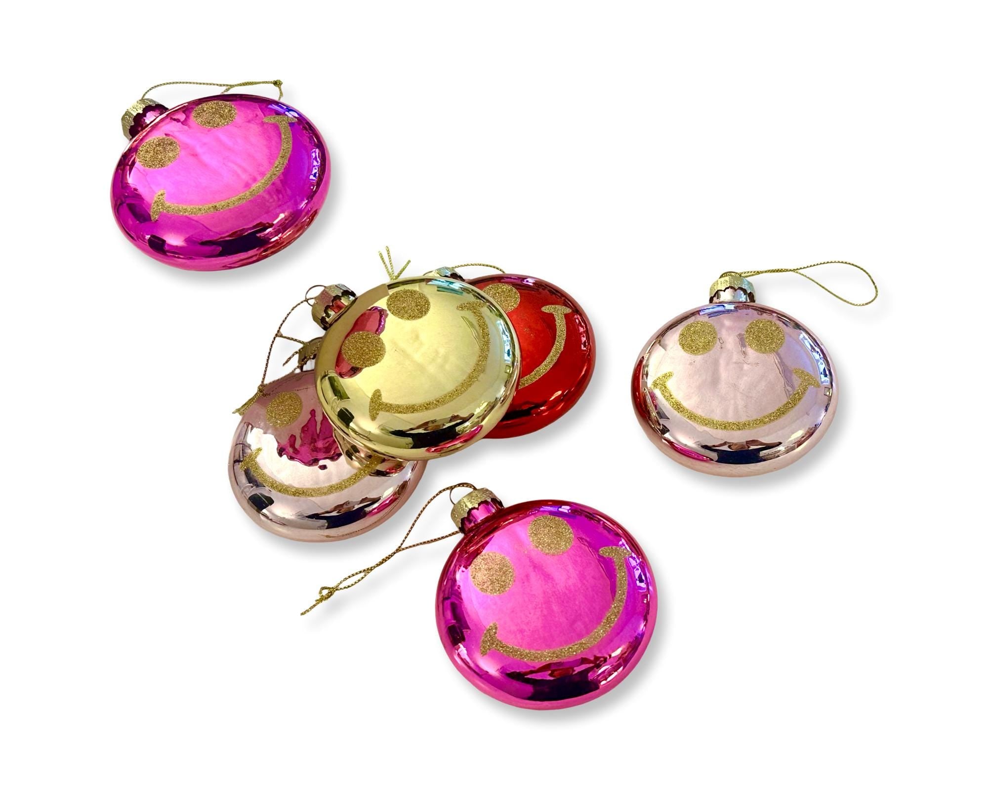 Weihnachtskugel Smiley | 8 cm Durchmesser | flache runde Form | mit Glitzer in 4 Farben