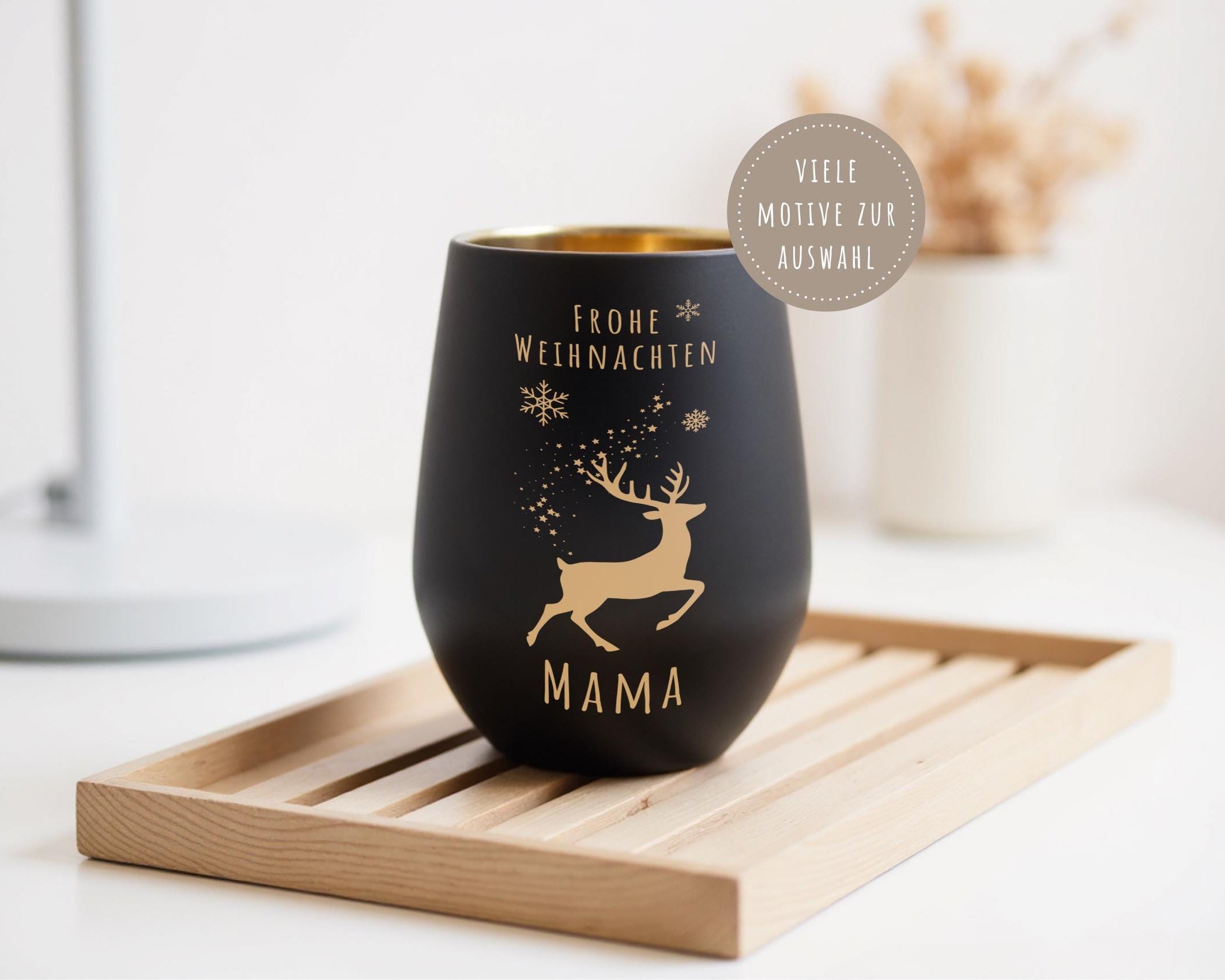 Windlicht Weihnachten personalisiert | schwarz gold | gelasertes Glas innen gold | außen schwarz | diverse Motive mit Deinem Namen
