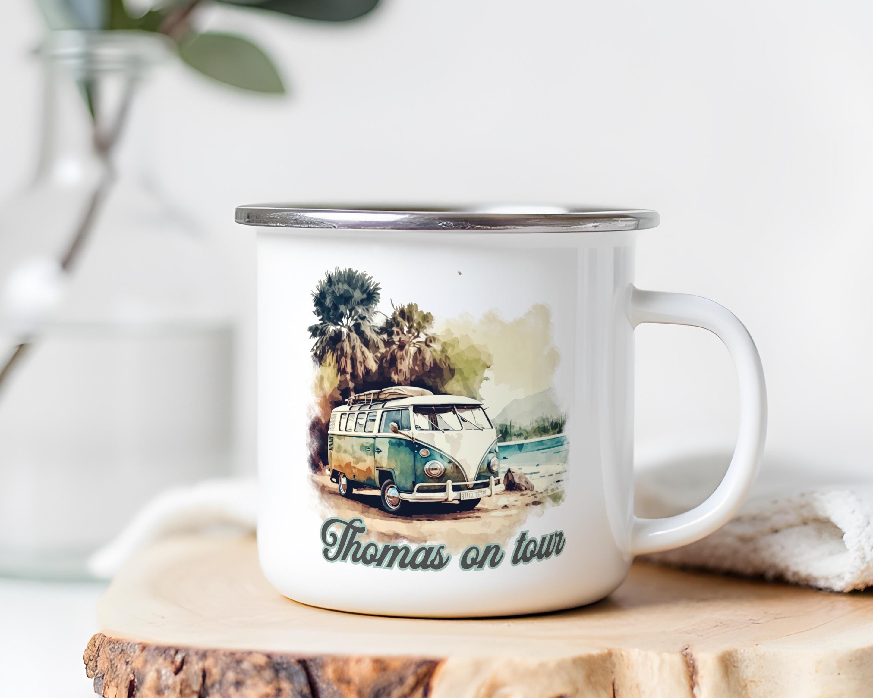 Emaille Tasse | Camping | personalisiert | Retro VW-Bulli