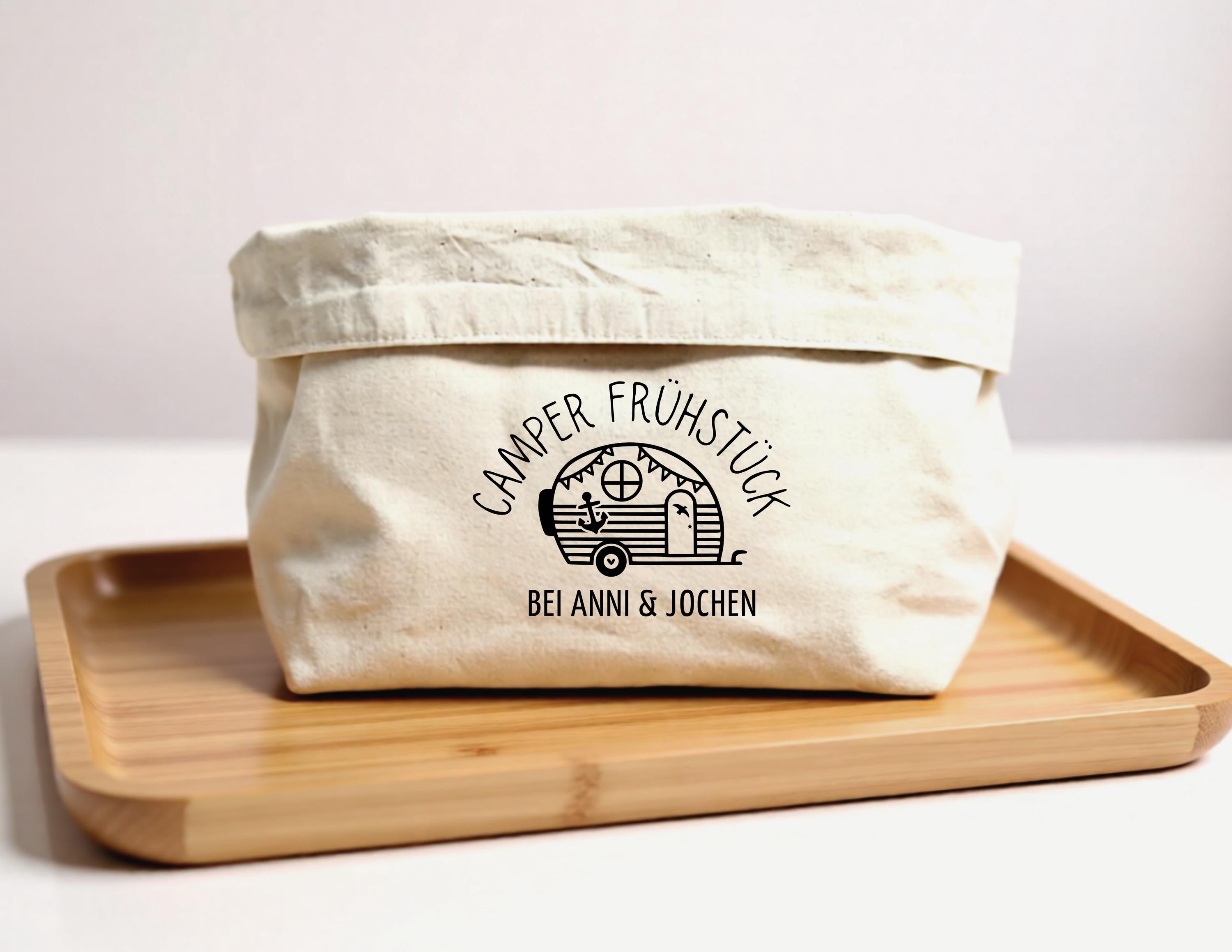 Camper Frühstück Brotkörbchen personalisiert | beiger Stoffkorb | Brotkorb | mit Wohnmobil und Namen