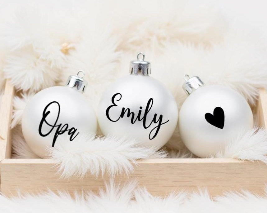 Sticker für Weihnachtskugeln | für 6 oder 8 cm Durchmesser Kugel | Name in schwarz, weiß, roségold, silber