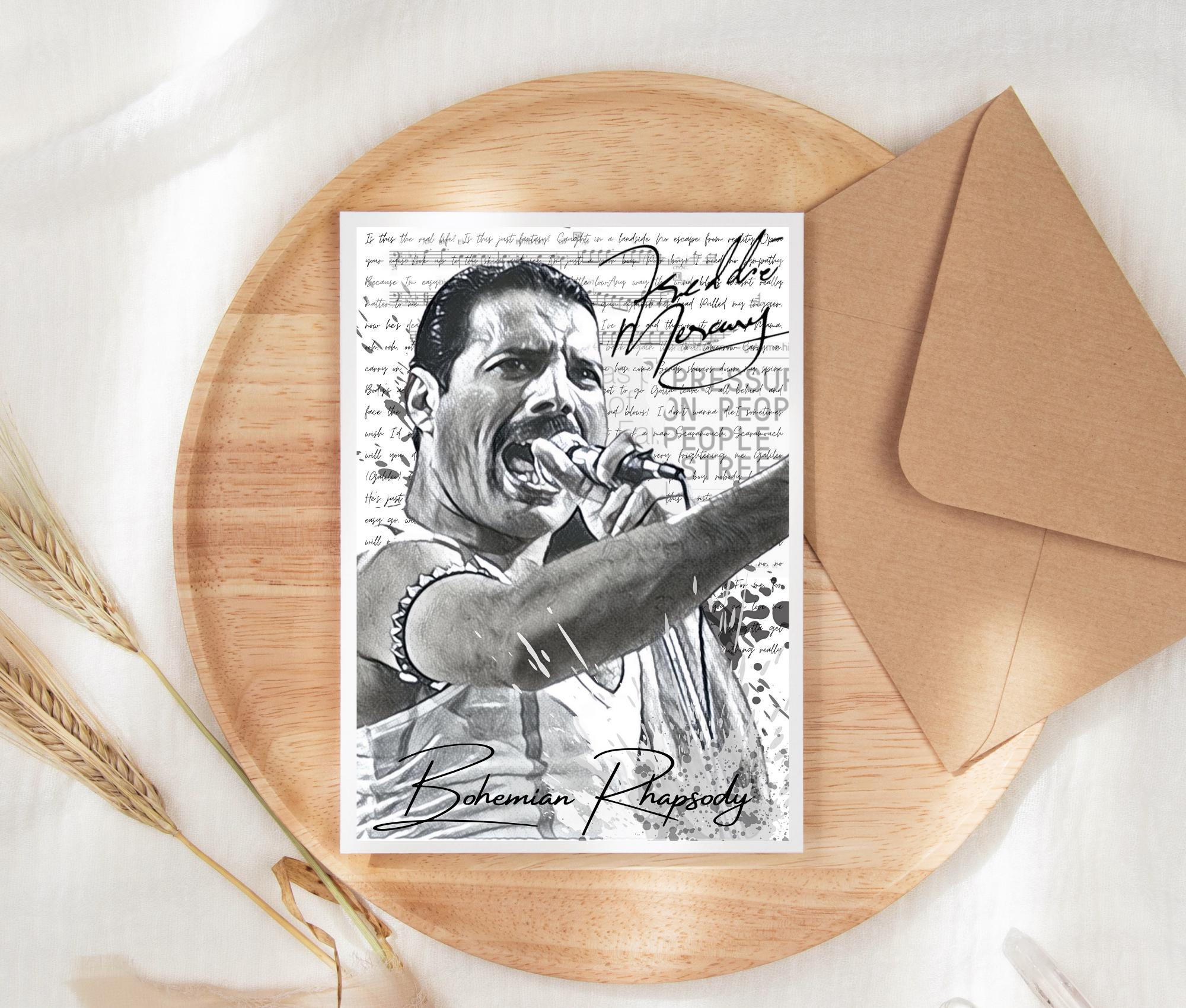 Karte | Freddie Mercury | Art Card | schwarz weiß | A6 | Kraftpapierumschlag