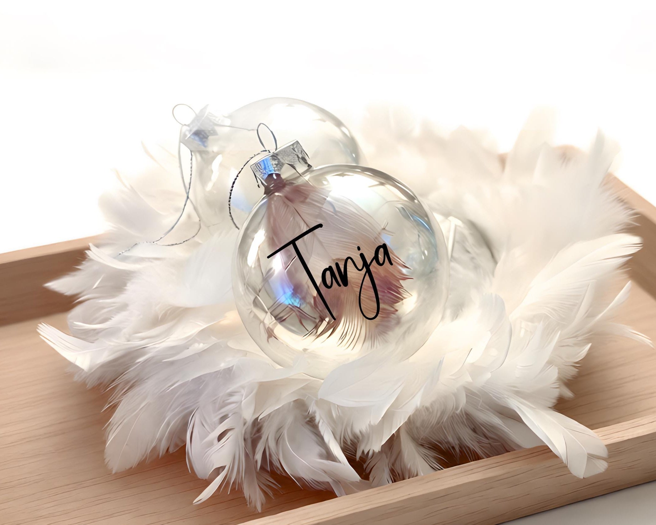 Personalisierte Weihnachtskugel aus irisierendem Glas | gefüllt mit Federn | Seifenblasen Kugell | 7 oder 8 cm | mit Namen