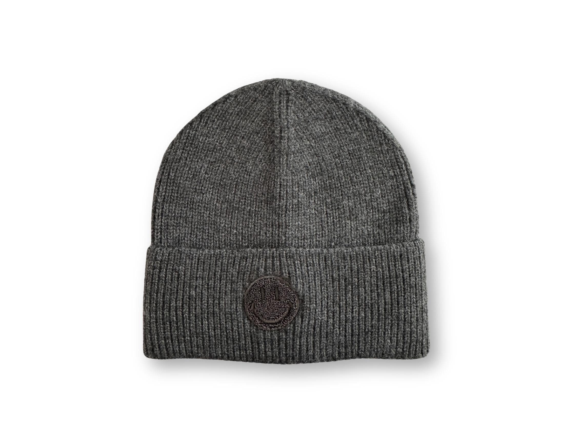 Strick Mütze mit gesticktem Smiley | Beanie in dunkelgrau, hellgrau, taupe, beige und pink | gestrickte Mütze
