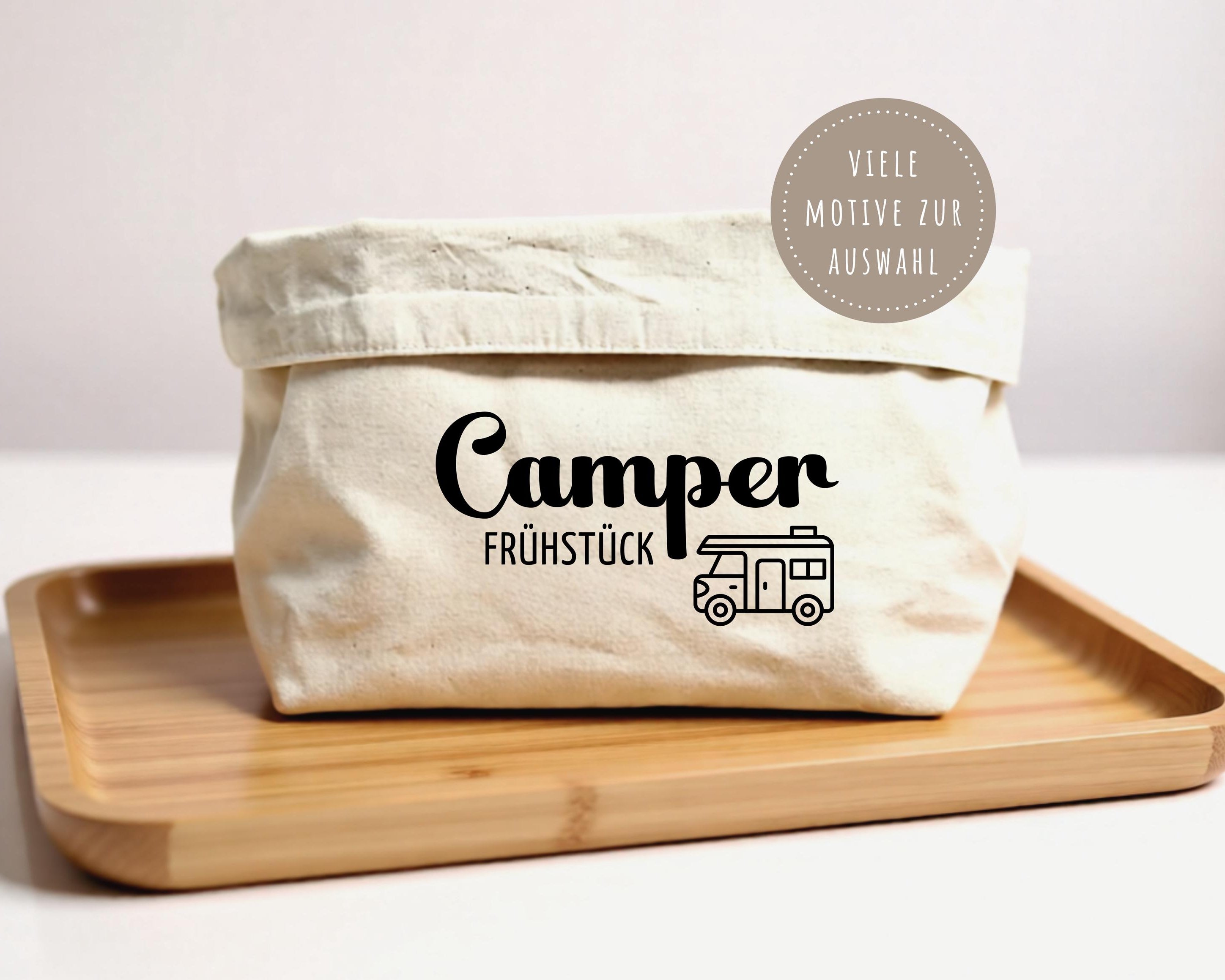 Camper Frühstück Brotkörbchen personalisiert | beiger Stoffkorb | Brotkorb | mit Wohnmobil und Namen