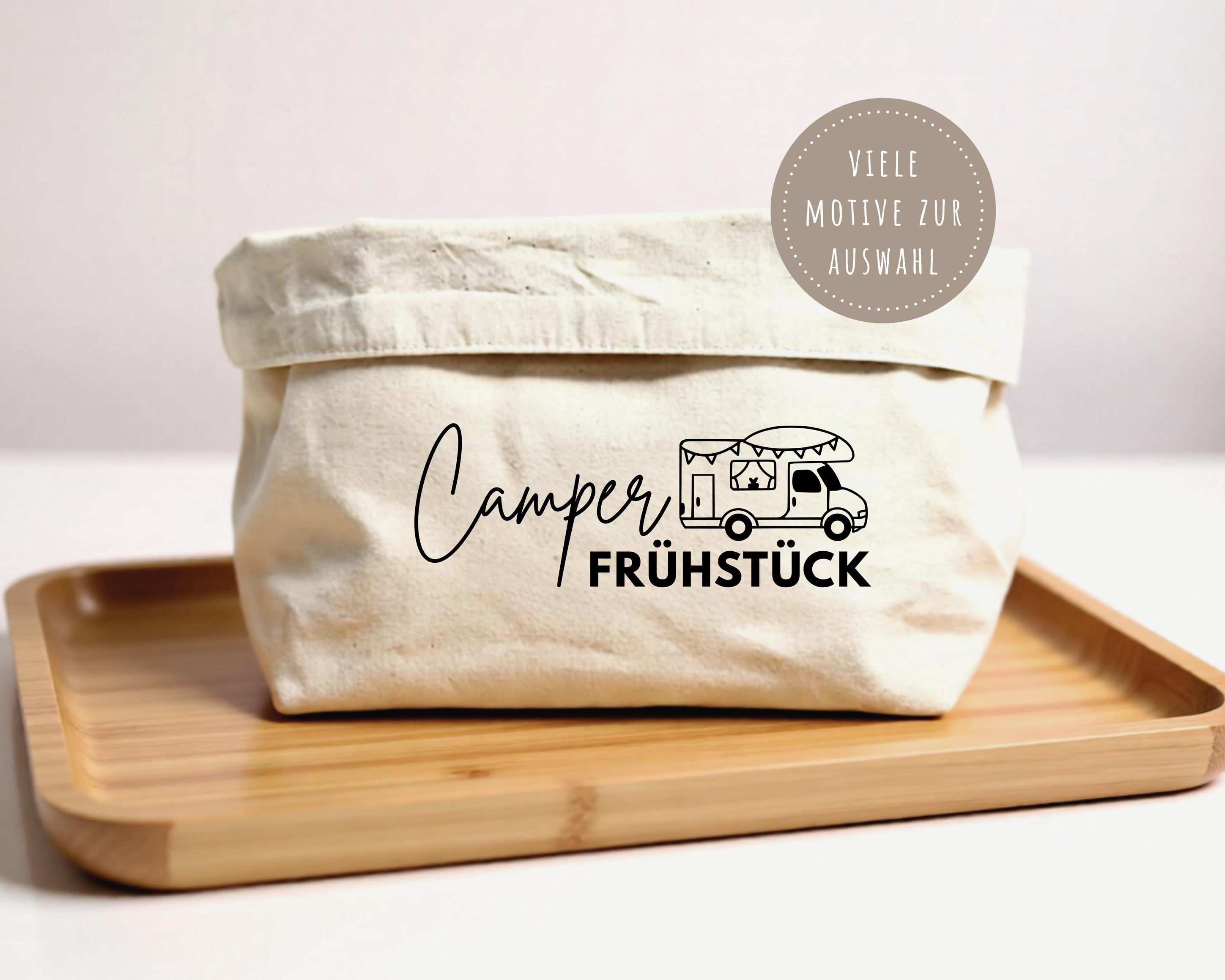 Camper Frühstück Brotkörbchen personalisiert | beiger Stoffkorb | Brotkorb | mit Wohnmobil und Namen