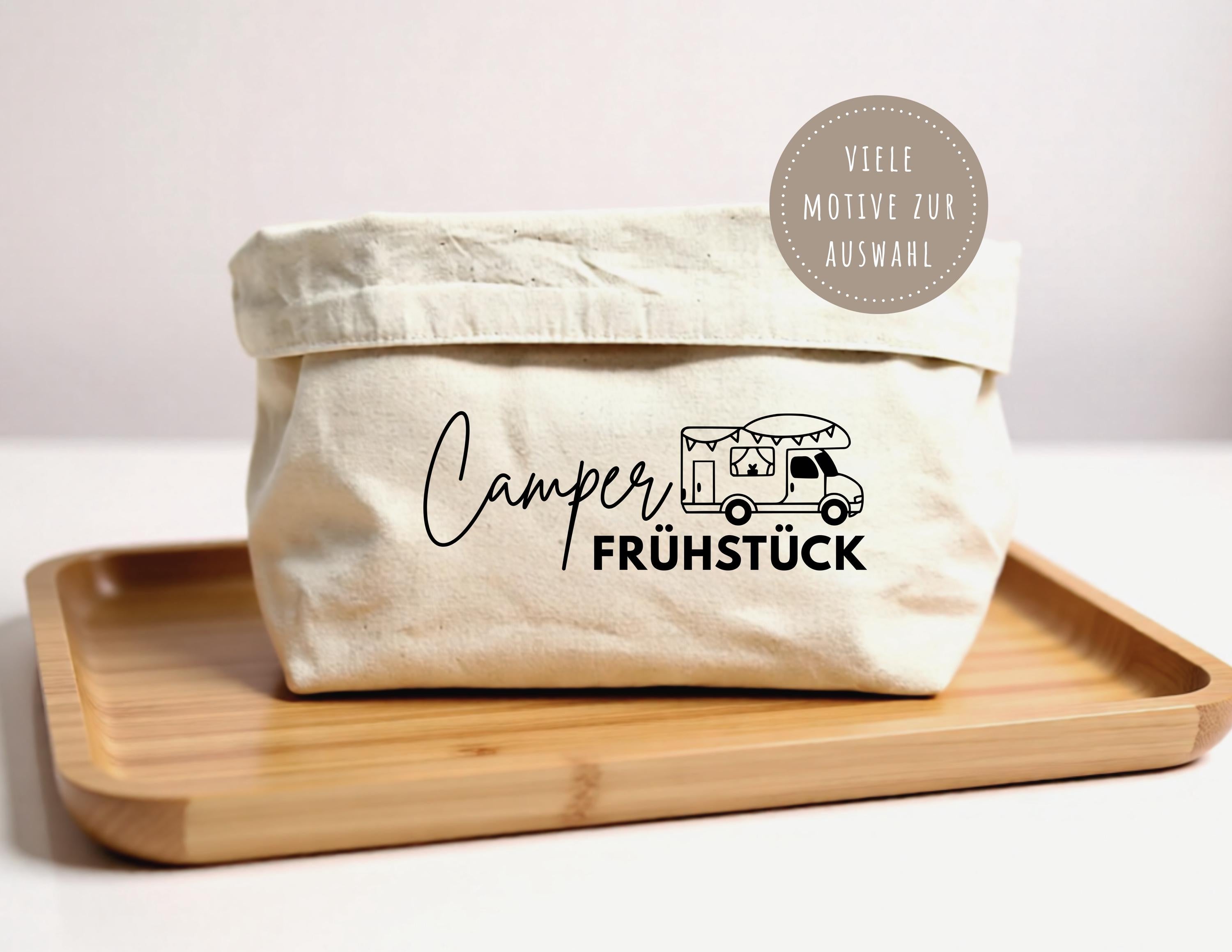 Camper Frühstück Brotkörbchen personalisiert | beiger Stoffkorb | Brotkorb | mit Wohnmobil und Namen