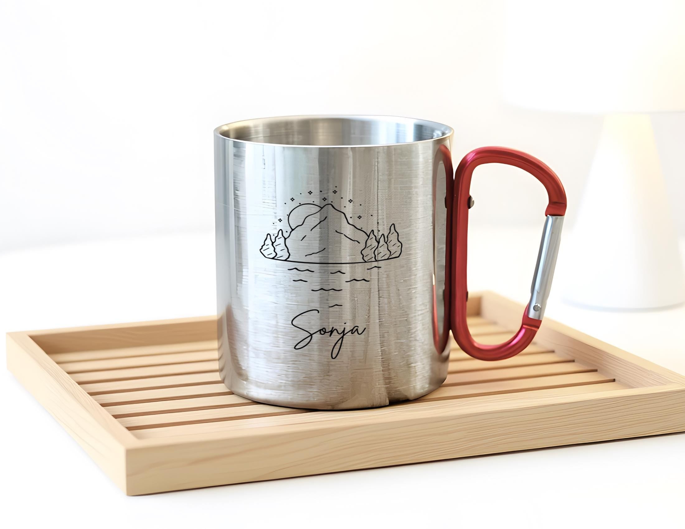 Karabinertasse | Personalisierte Outdoor Tasse für Wanderer | Edelstahl mit Karabiner | Karabinertasse Wandern Camping Camper