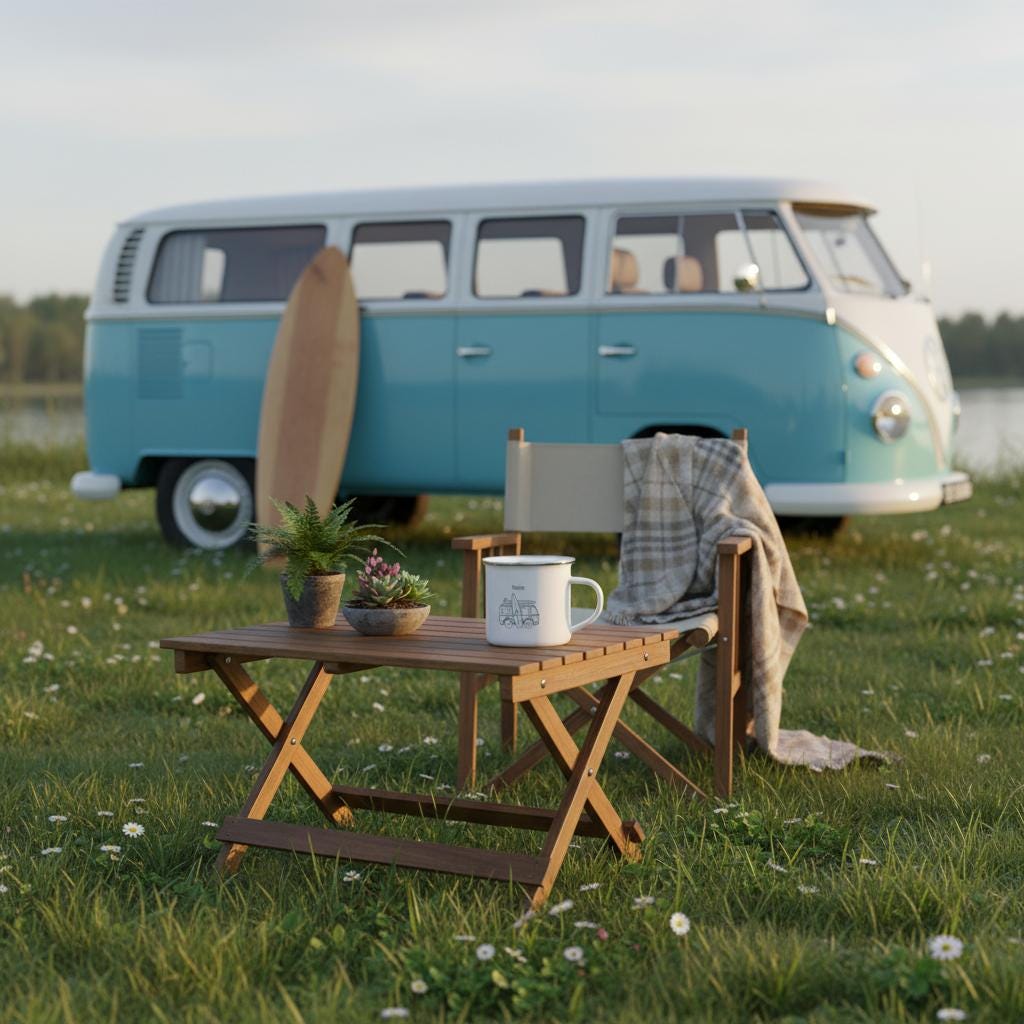 Personalisierte Emaille Tasse Camper - Bulli mit Surfbrett - Ideal für Camping & Reisen