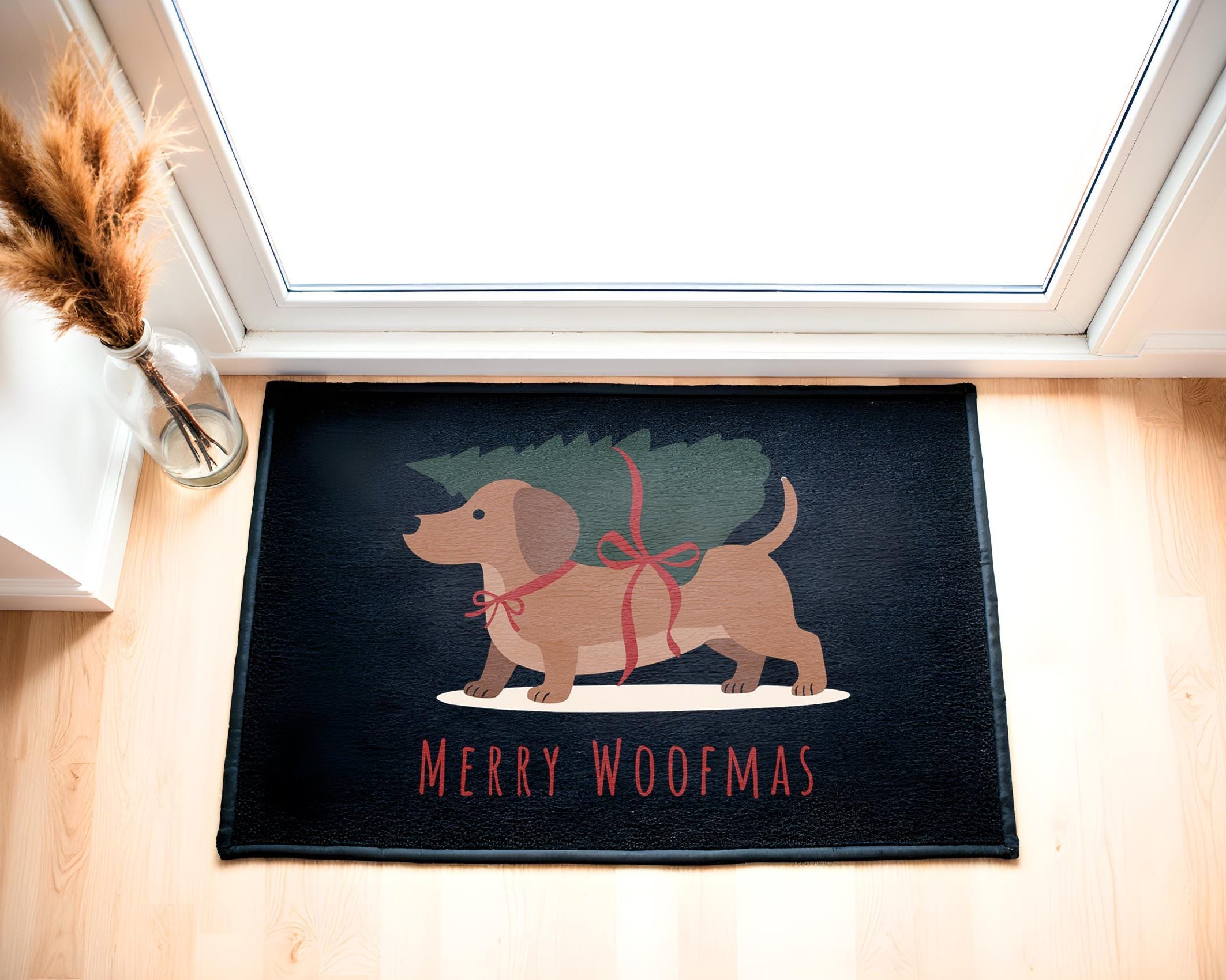 Fußmatte Weihnachten | Merry Woofmas | Dackel Motiv | schwarzer Weihnachts Fußabtreter