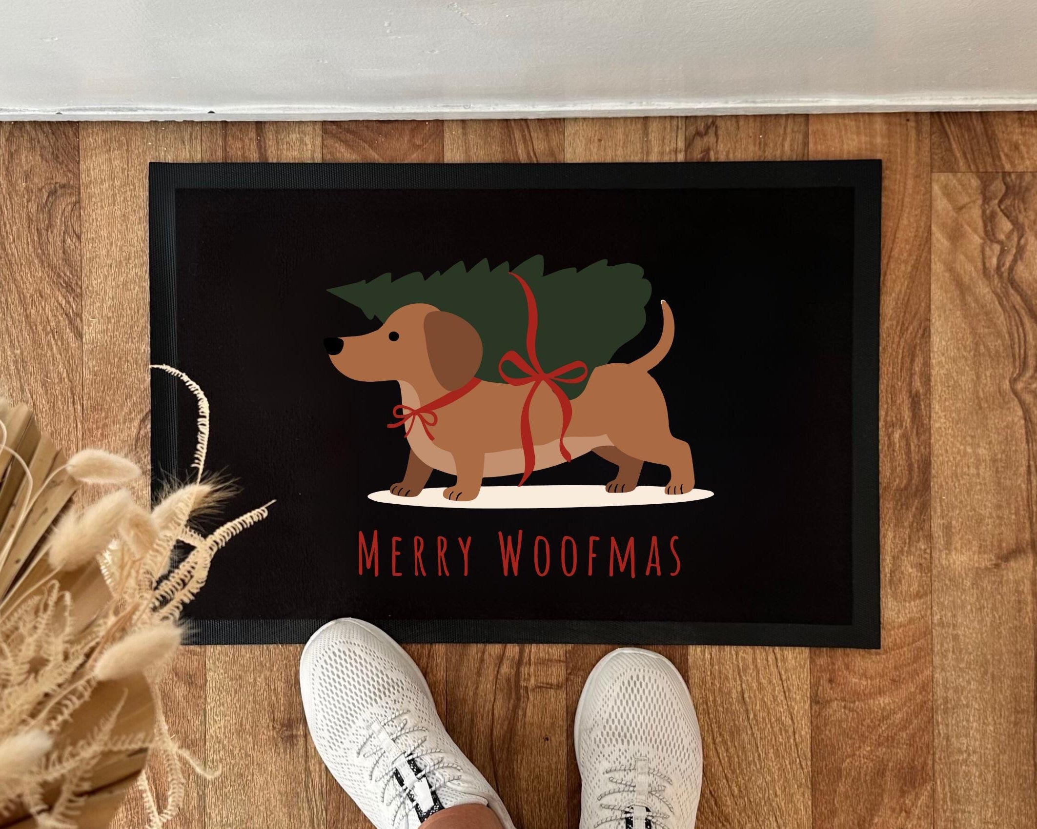 Fußmatte Weihnachten | Merry Woofmas | Dackel Motiv | schwarzer Weihnachts Fußabtreter