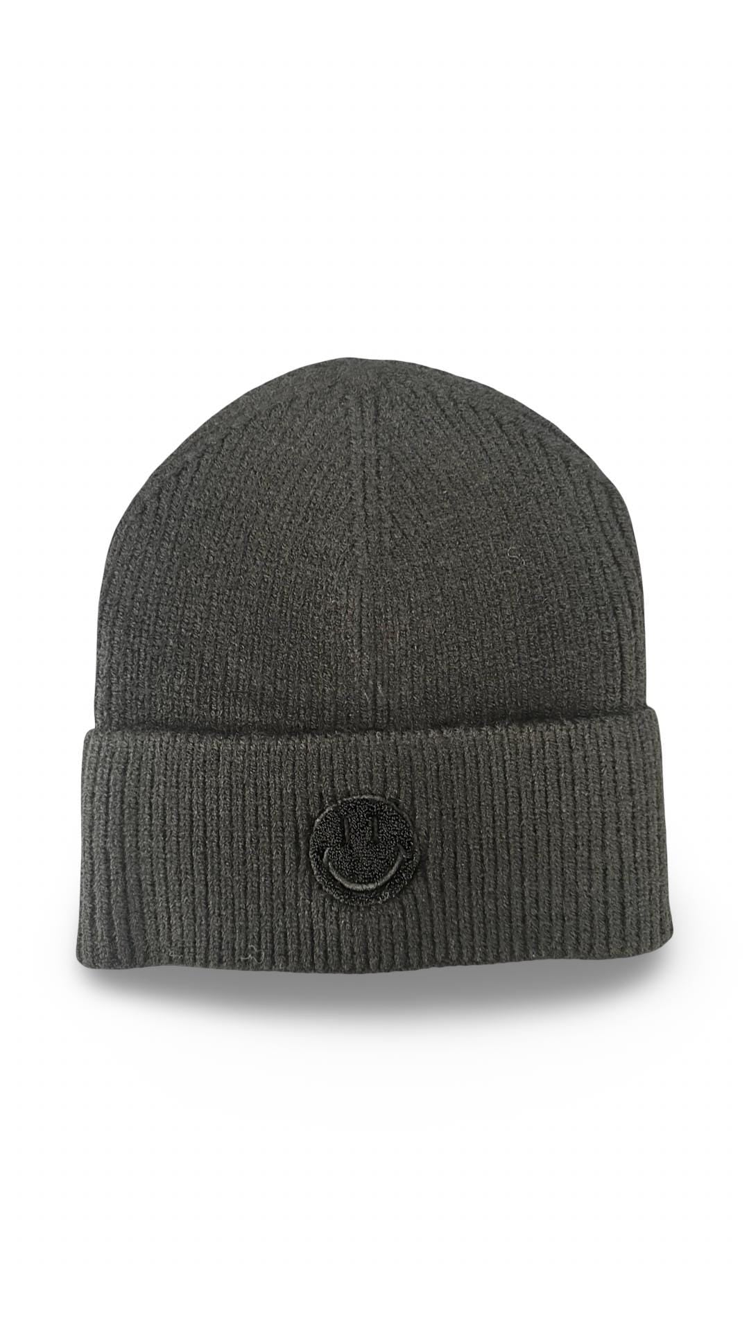 Strick Mütze mit gesticktem Smiley | Beanie in dunkelgrau, hellgrau, taupe, beige und pink | gestrickte Mütze