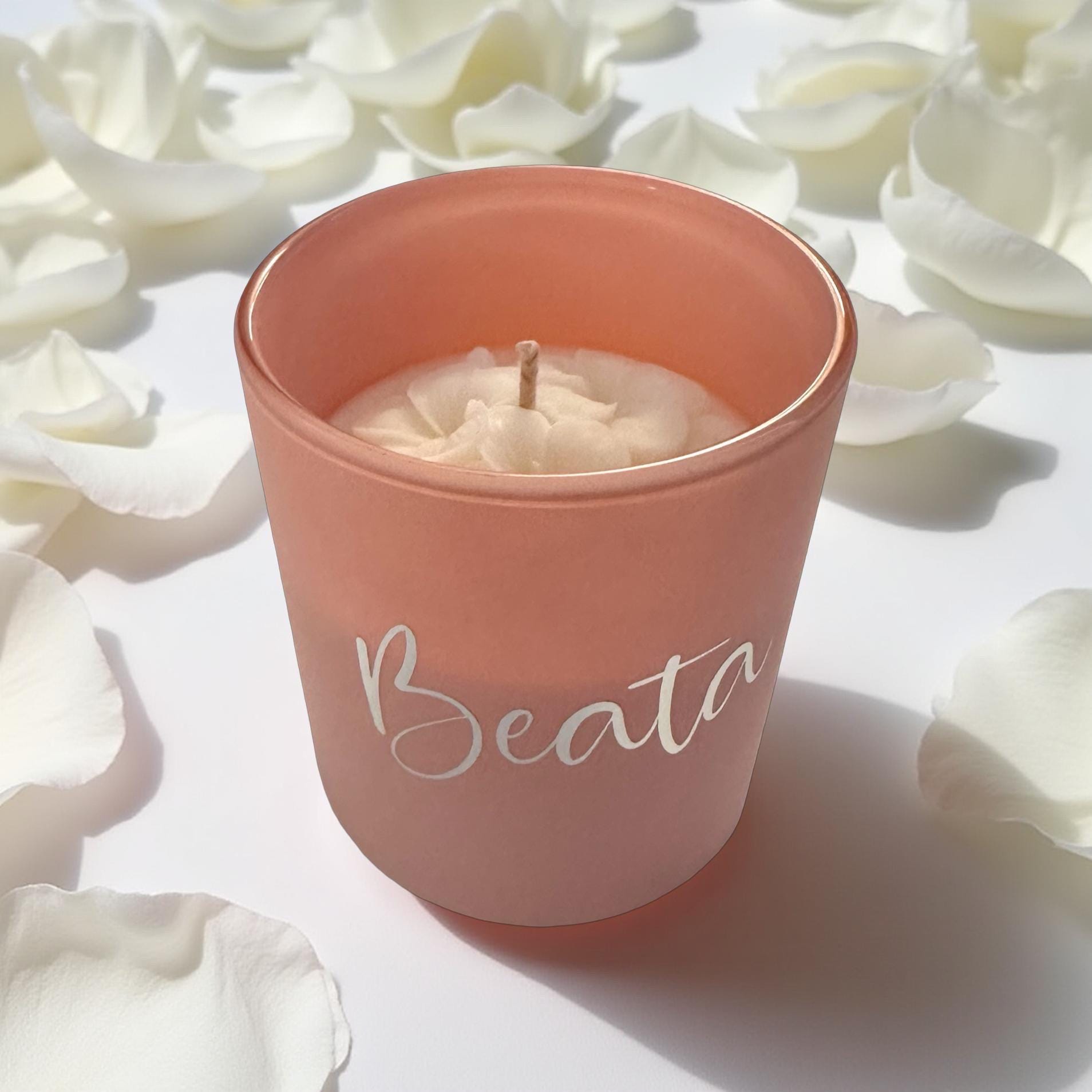 Duftkerze personalisiert | rosa im Glas | Sojawachs mit Blüte | Geschenkidee Mitbringsel mit Namen in Silber
