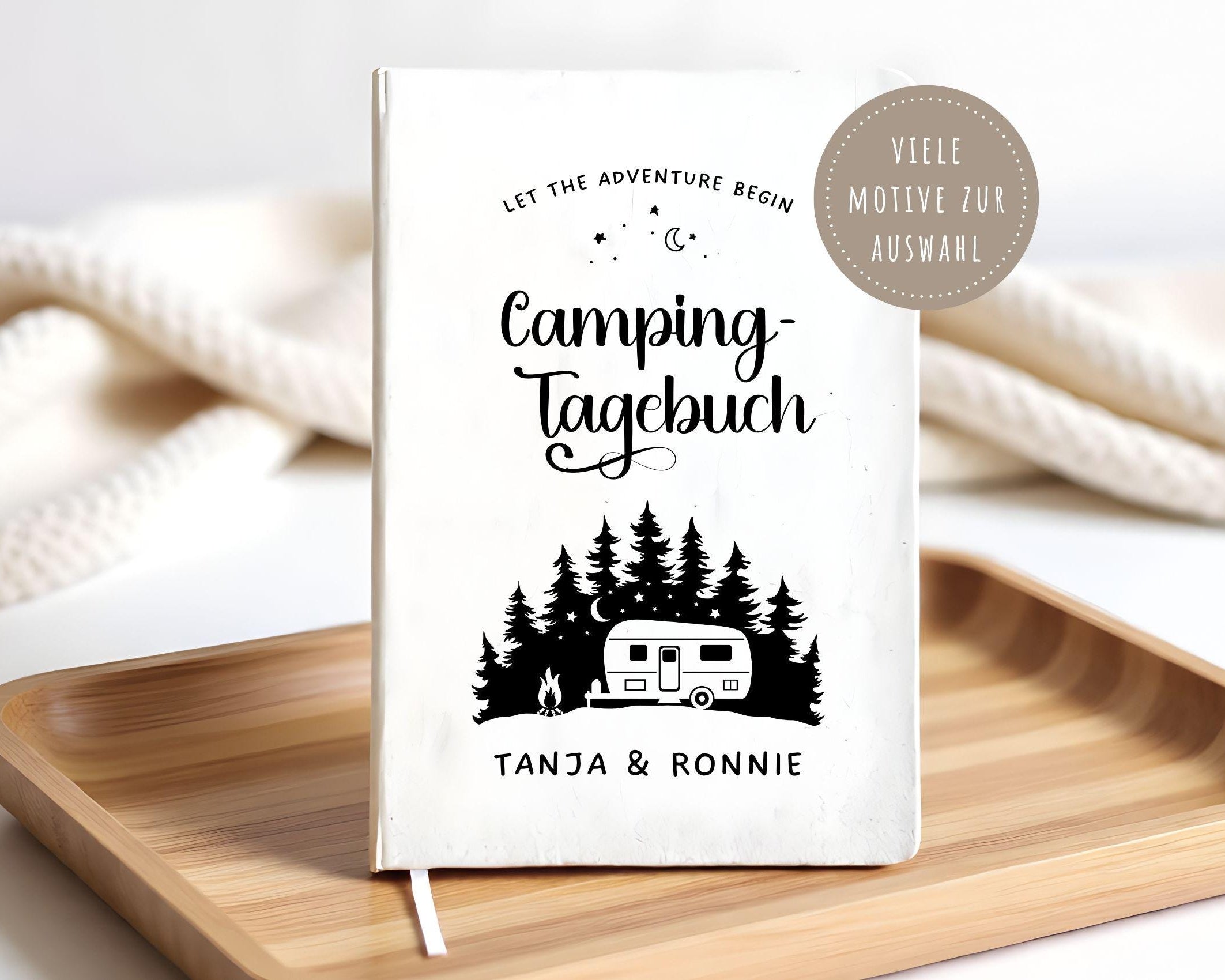 Camping Tagebuch | Weißes Notizbuch mit Personalisierung | Logbuch für Camper in A5 liniert | anpassbar Name, Titel und zusätzliche Headline