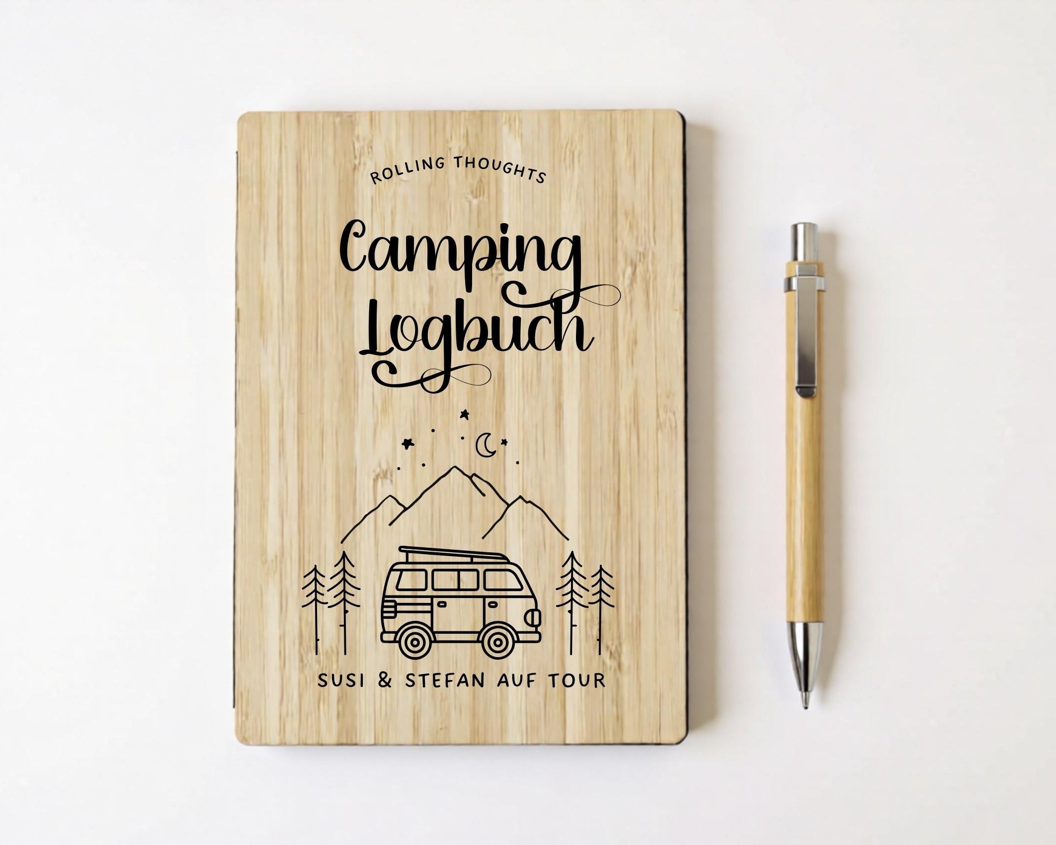 Camping Tagebuch personalisiert mit Name, Titel, Headline | Camper Notizbuch | Bambus Einband | Logbuch liniert inkl. Bambus Kugelschreiber