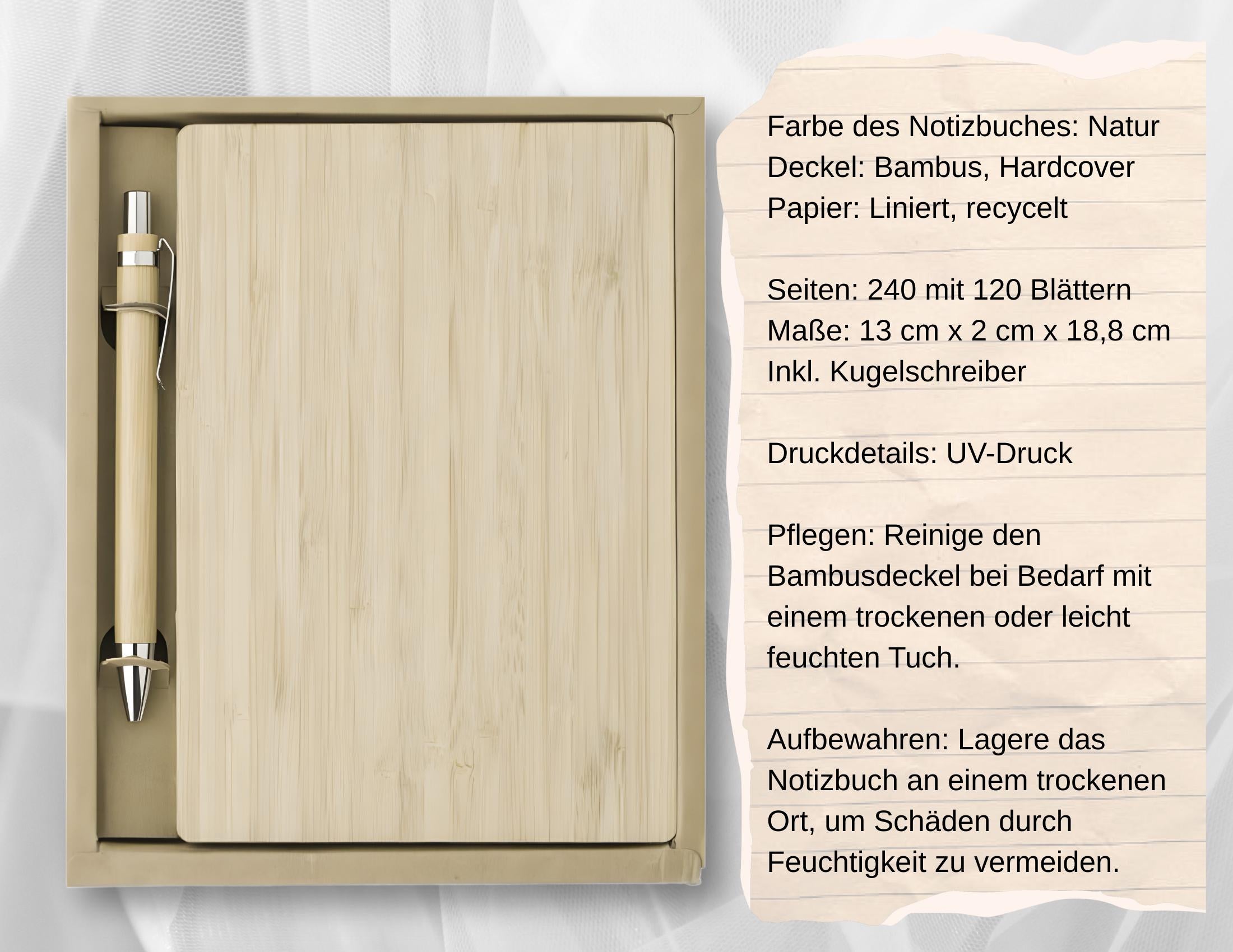 Camping Tagebuch personalisiert mit Name, Titel, Headline | Camper Notizbuch | Bambus Einband | Logbuch liniert inkl. Bambus Kugelschreiber