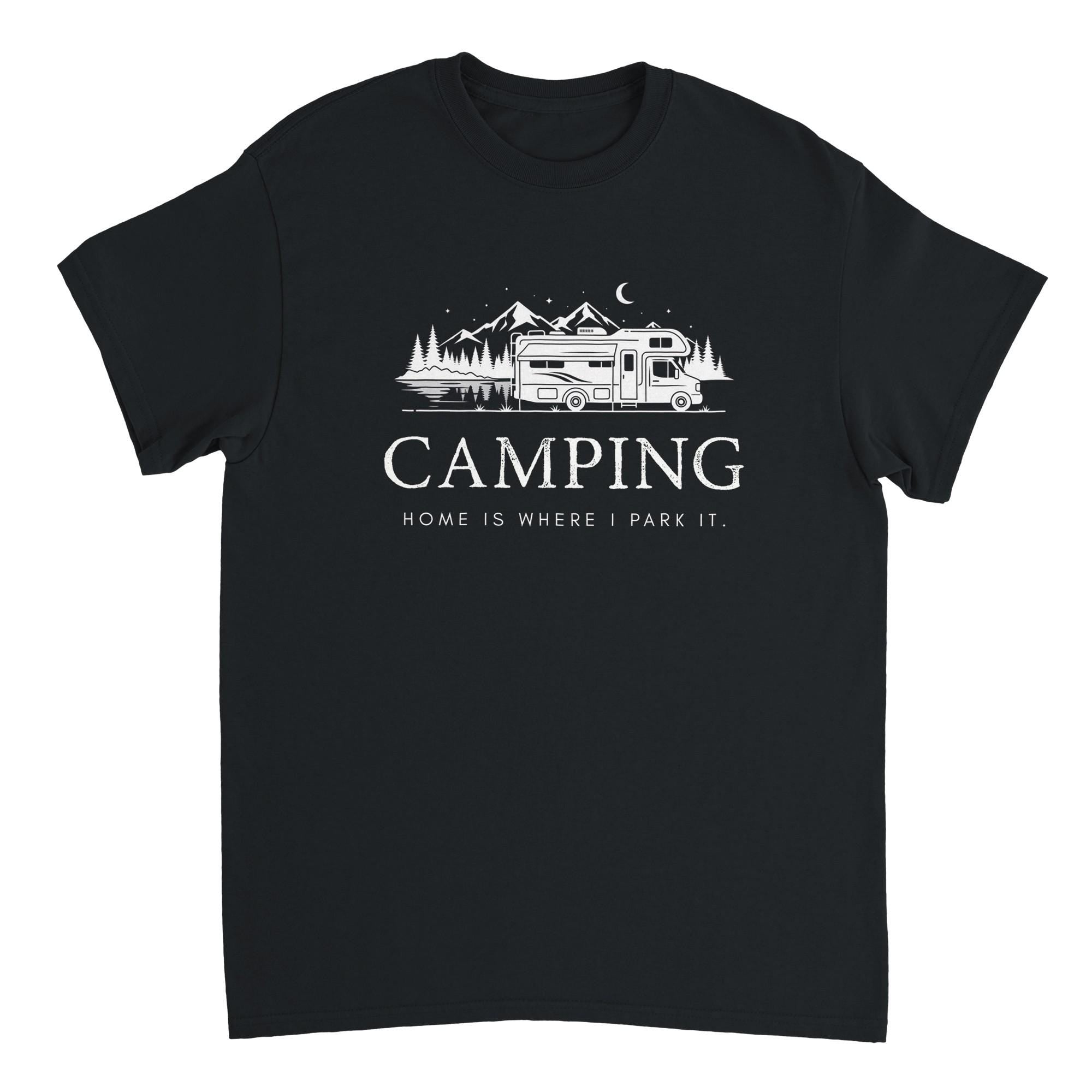 Camper T-Shirt – "Camping - Home is Where We Park It" | in schwarz, grün, navy, und grau