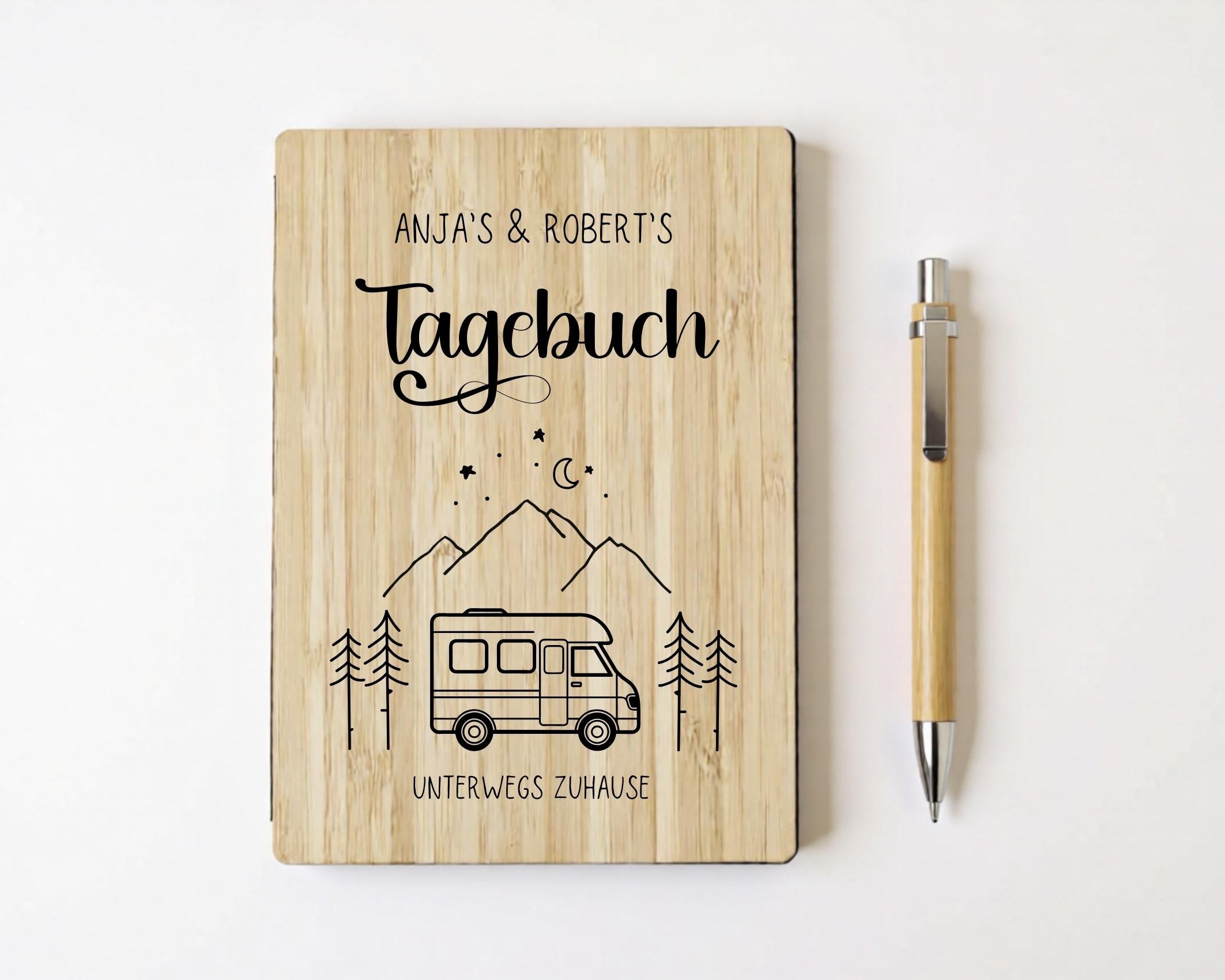 Camping Tagebuch personalisiert mit Name, Titel, Headline | Camper Notizbuch | Bambus Einband | Logbuch liniert inkl. Bambus Kugelschreiber