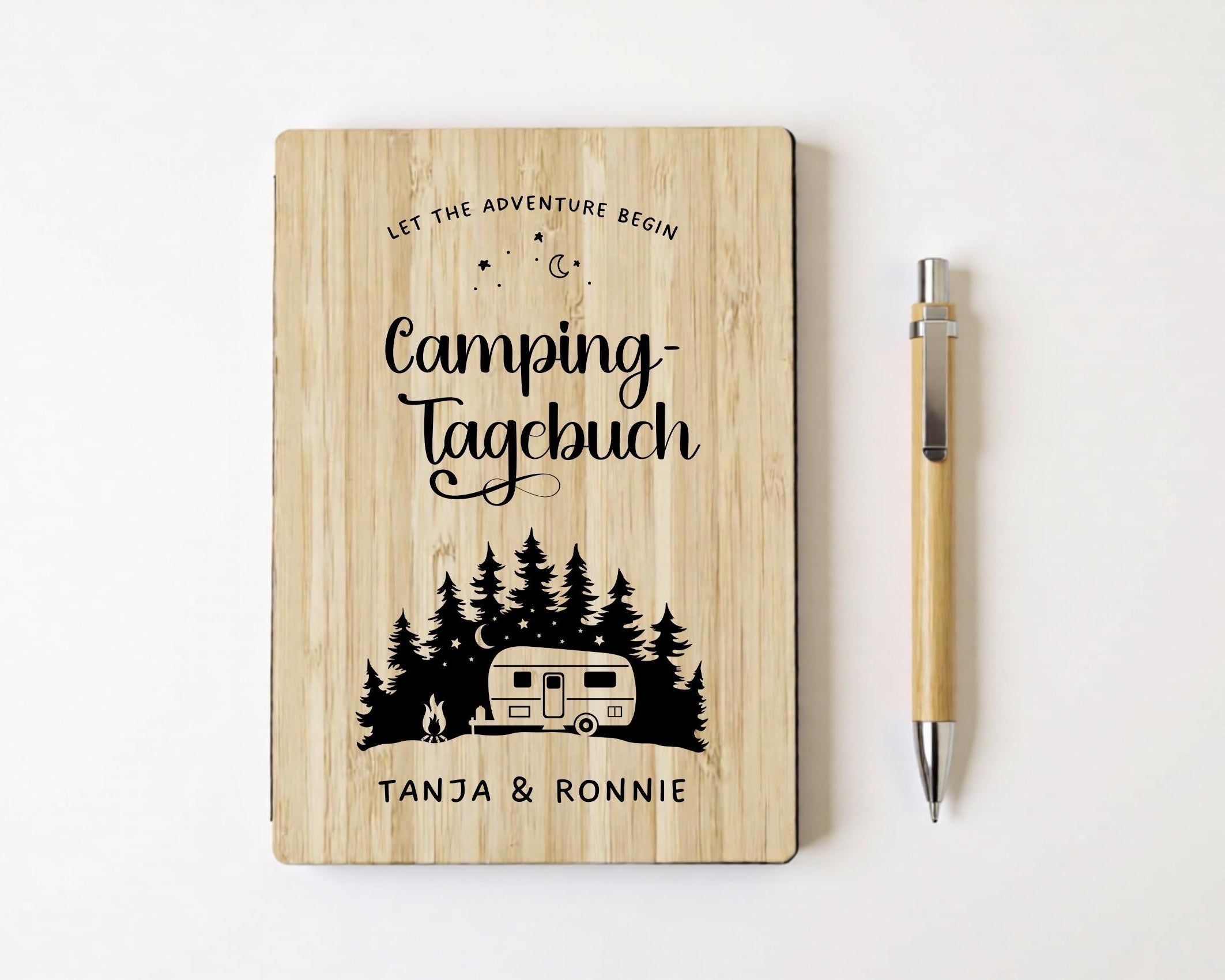 Camping Tagebuch personalisiert mit Name, Titel, Headline | Camper Notizbuch | Bambus Einband | Logbuch liniert inkl. Bambus Kugelschreiber