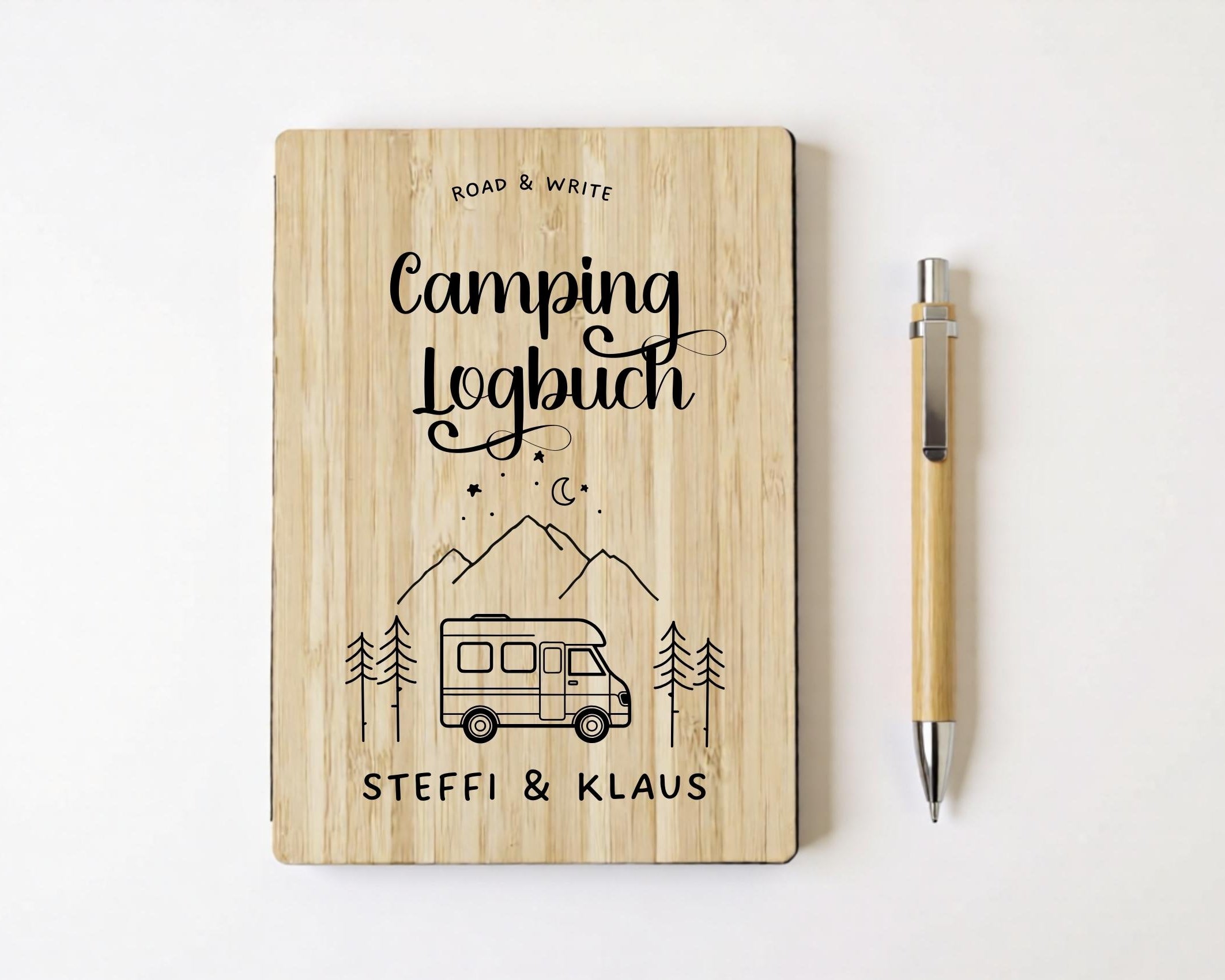 Camping Tagebuch personalisiert mit Name, Titel, Headline | Camper Notizbuch | Bambus Einband | Logbuch liniert inkl. Bambus Kugelschreiber