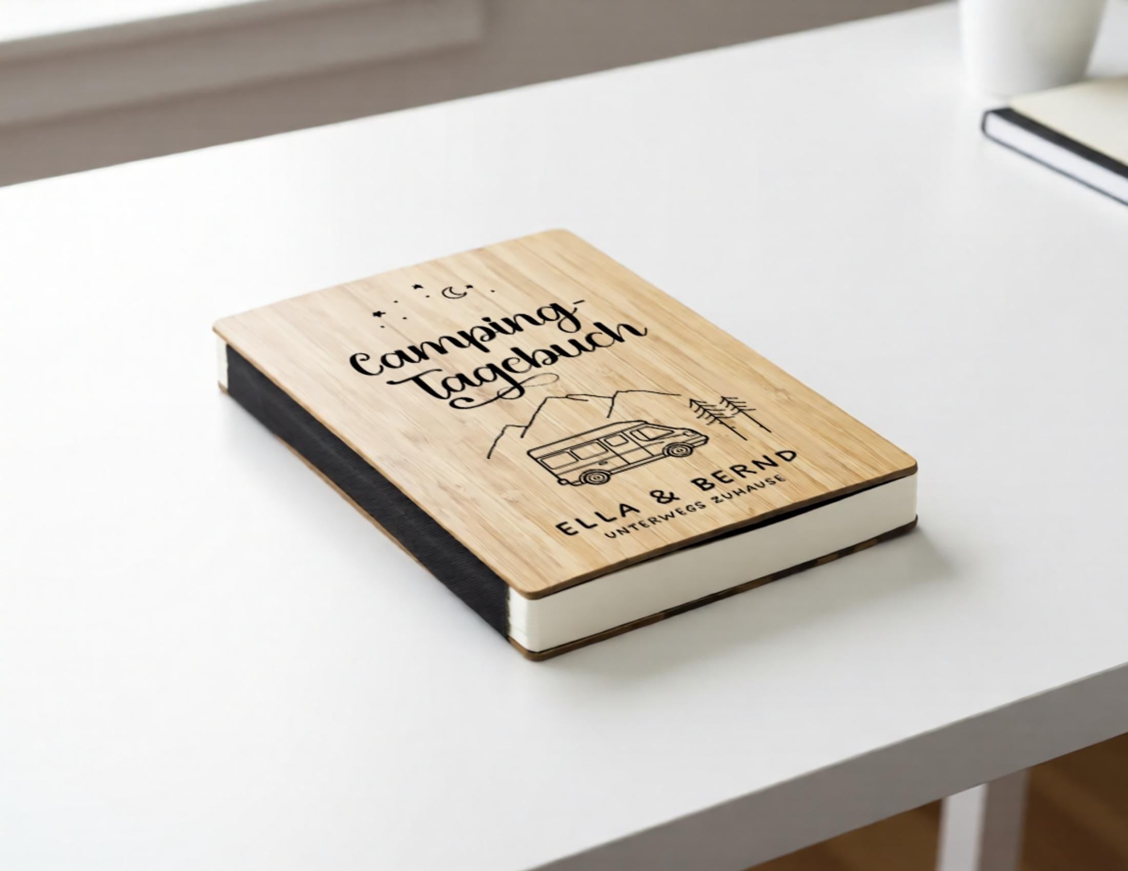 Camping Tagebuch personalisiert mit Name, Titel, Headline | Camper Notizbuch | Bambus Einband | Logbuch liniert inkl. Bambus Kugelschreiber