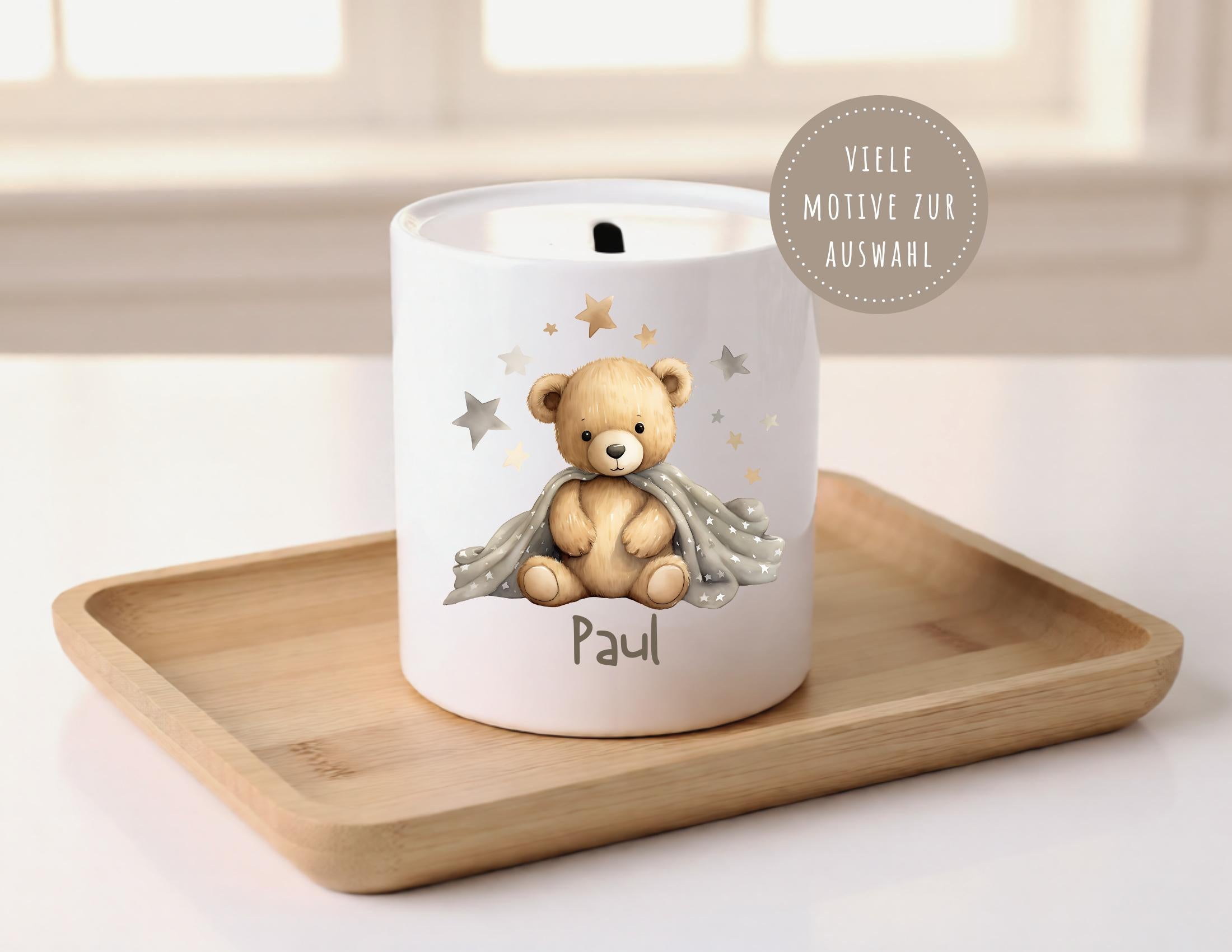 Personalisierte Spardose für Kinder | Geld Taufe Geburt schenken | Geschenk | 8 unterschiedliche Tiermotive | Keramik Sparschwein