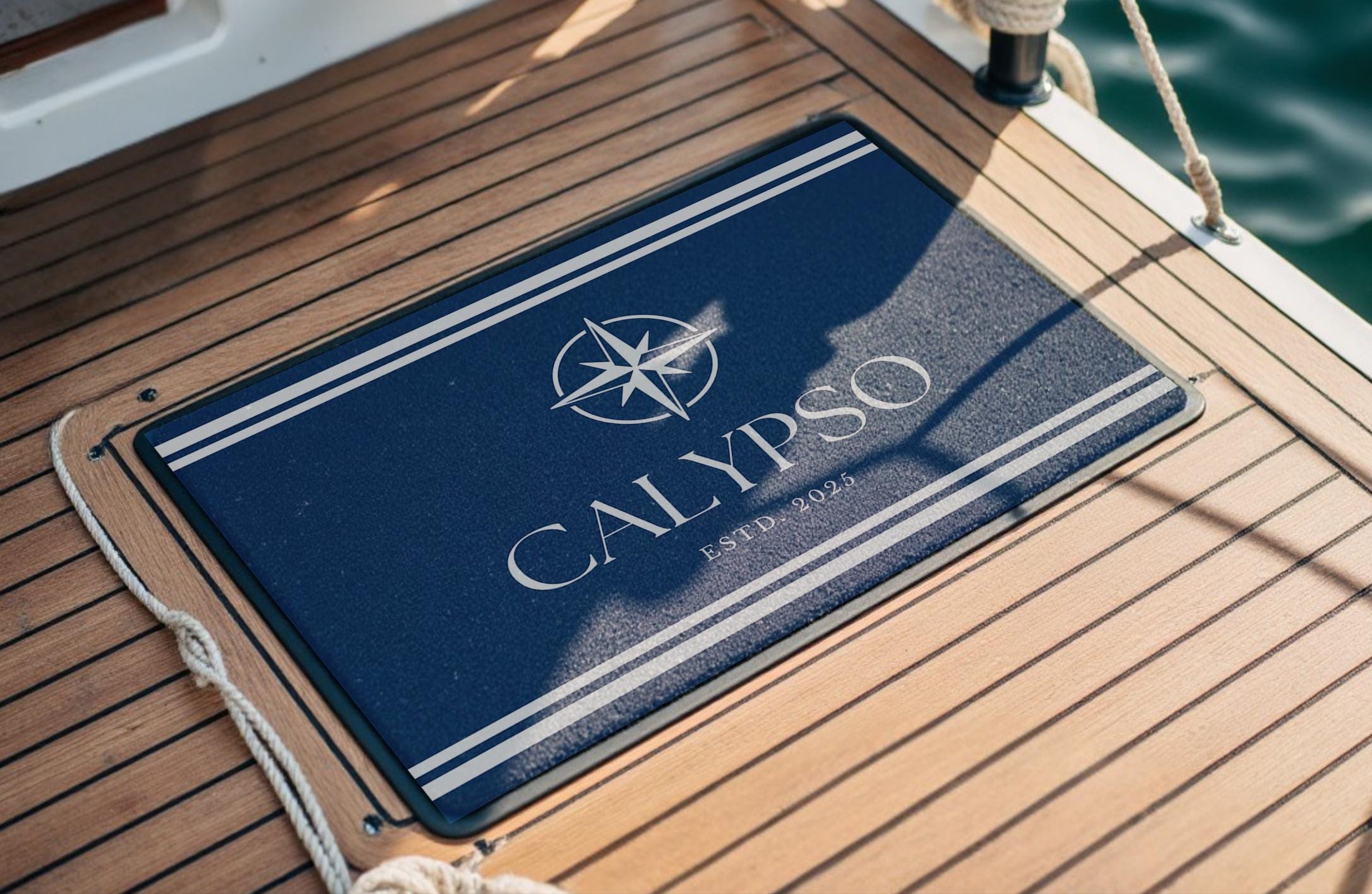 Fußmatte Boot Yacht Schiff | Personalisierter Fußabtreter mit Bootsnamen und Jahreszahl in blau weiß, Rand schwarz