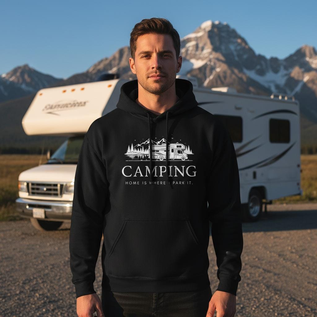 Schwarzer Hoodie für Camper - 'Home is Where I Park It' - Bequeme Baumwollmischung