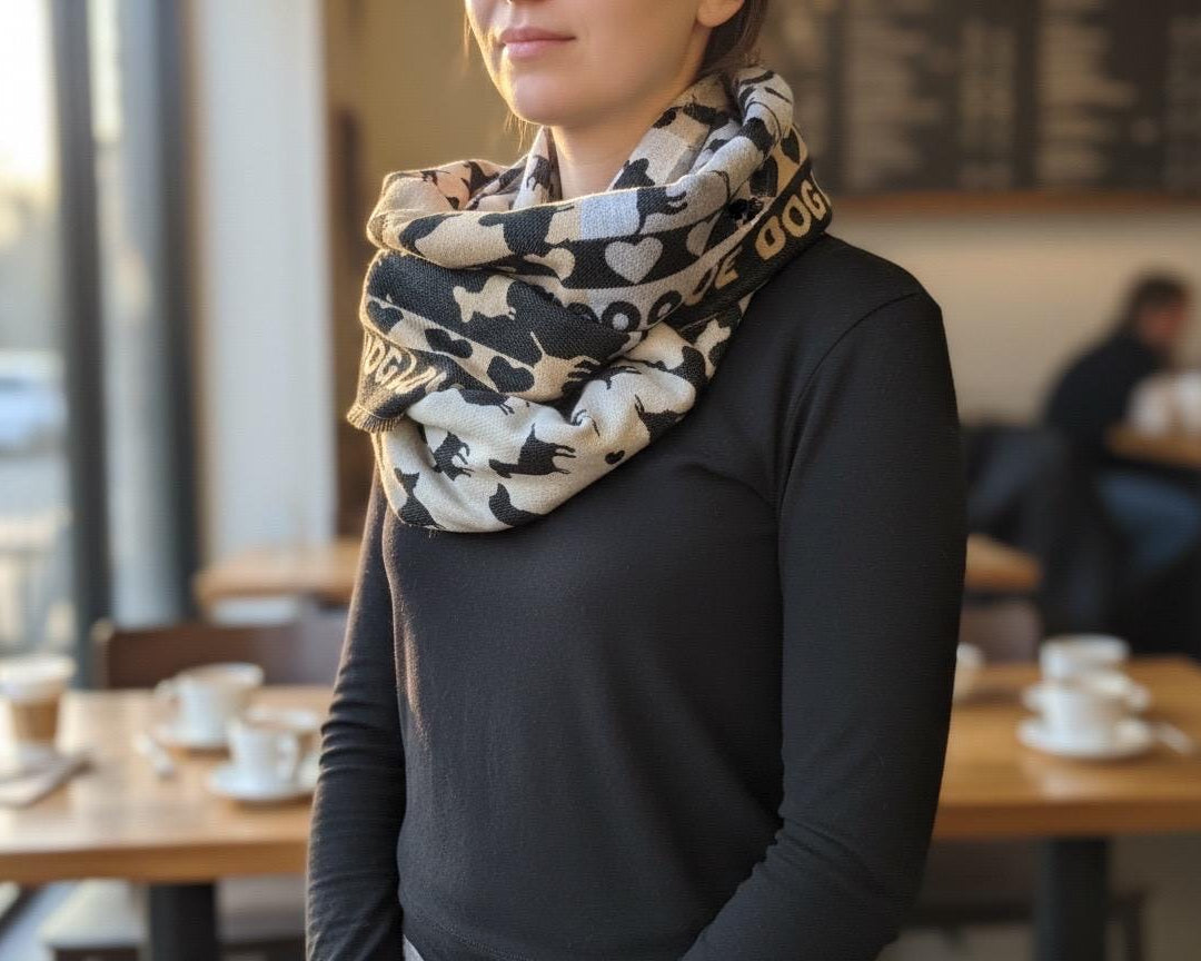 Breiter Schal DOG LOVE | schwarz, grau, camel und beige | mit Herzen, Hunden und Schrift | Viskose | Webschal Tuch Stola | 190 x 70 cm