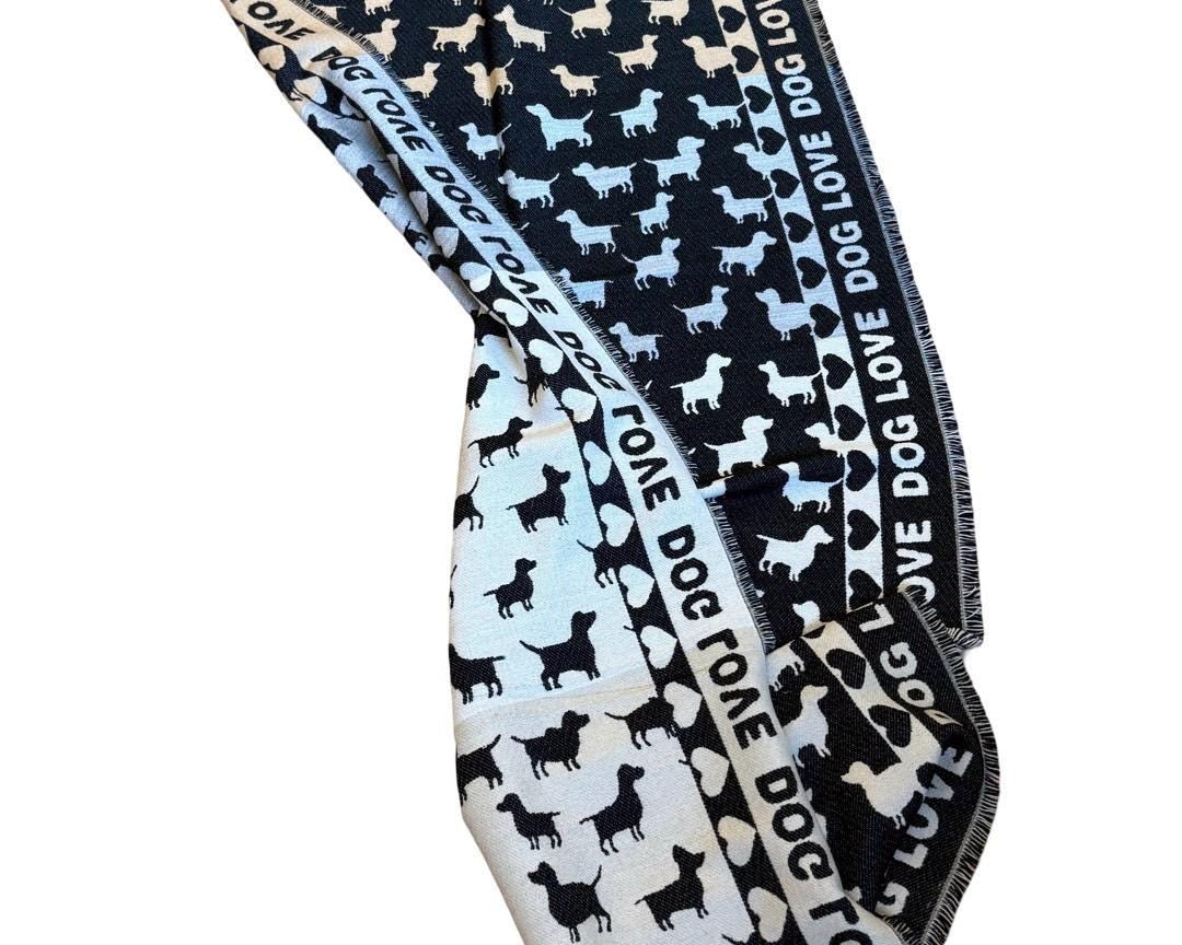Breiter Schal DOG LOVE | schwarz, grau, camel und beige | mit Herzen, Hunden und Schrift | Viskose | Webschal Tuch Stola | 190 x 70 cm
