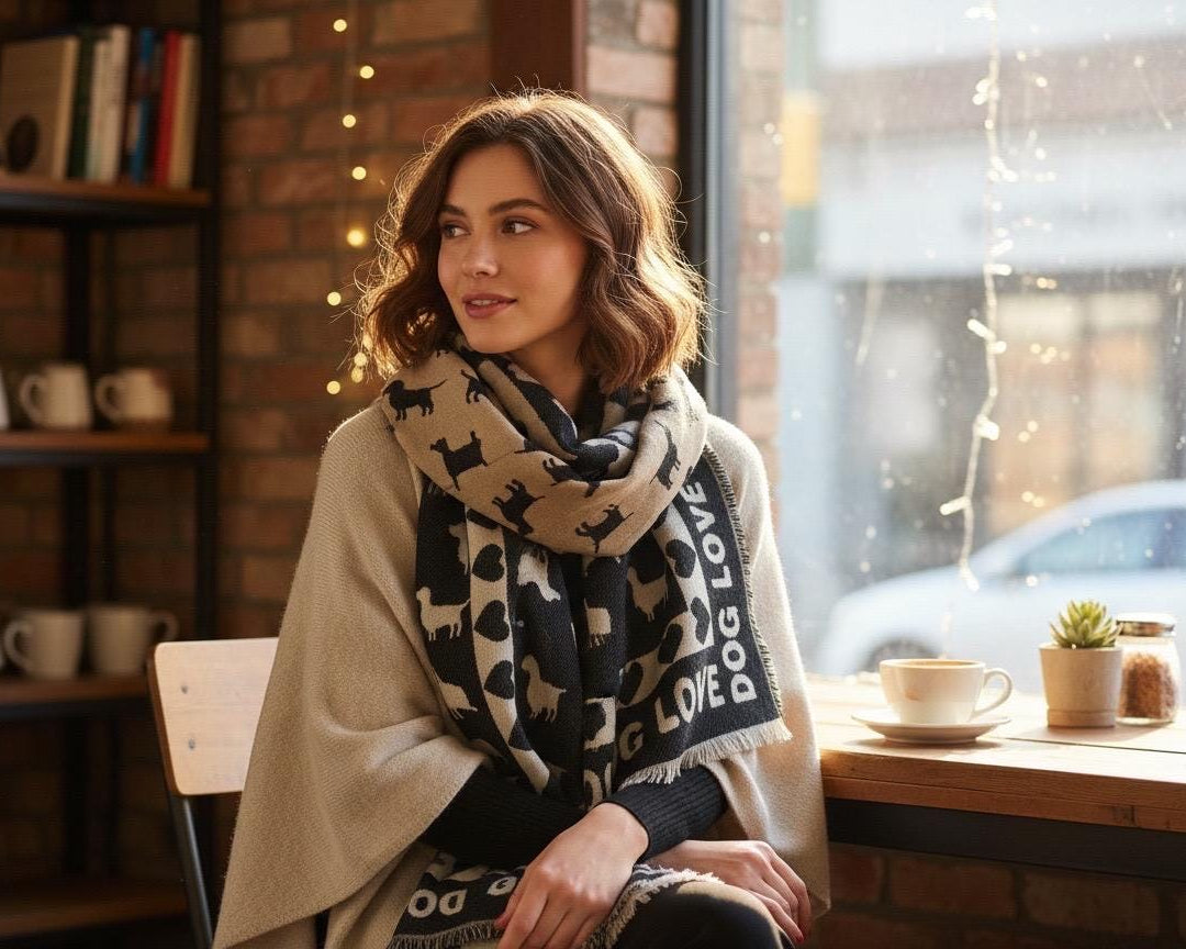 Breiter Schal DOG LOVE | schwarz, grau, camel und beige | mit Herzen, Hunden und Schrift | Viskose | Webschal Tuch Stola | 190 x 70 cm