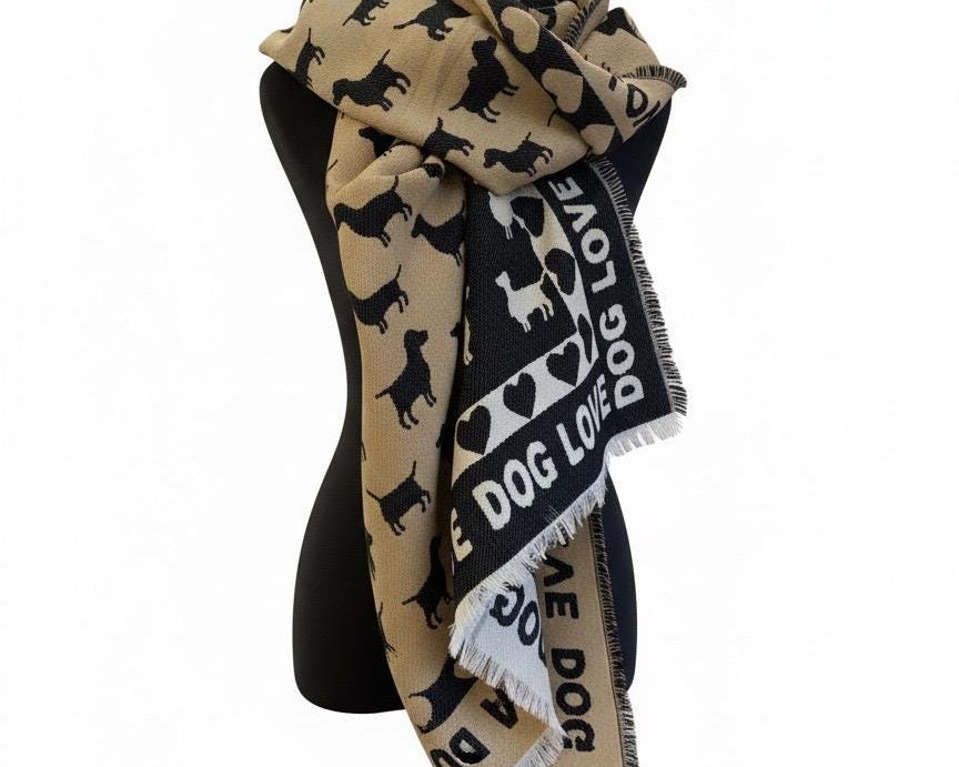 Breiter Schal DOG LOVE | schwarz, grau, camel und beige | mit Herzen, Hunden und Schrift | Viskose | Webschal Tuch Stola | 190 x 70 cm