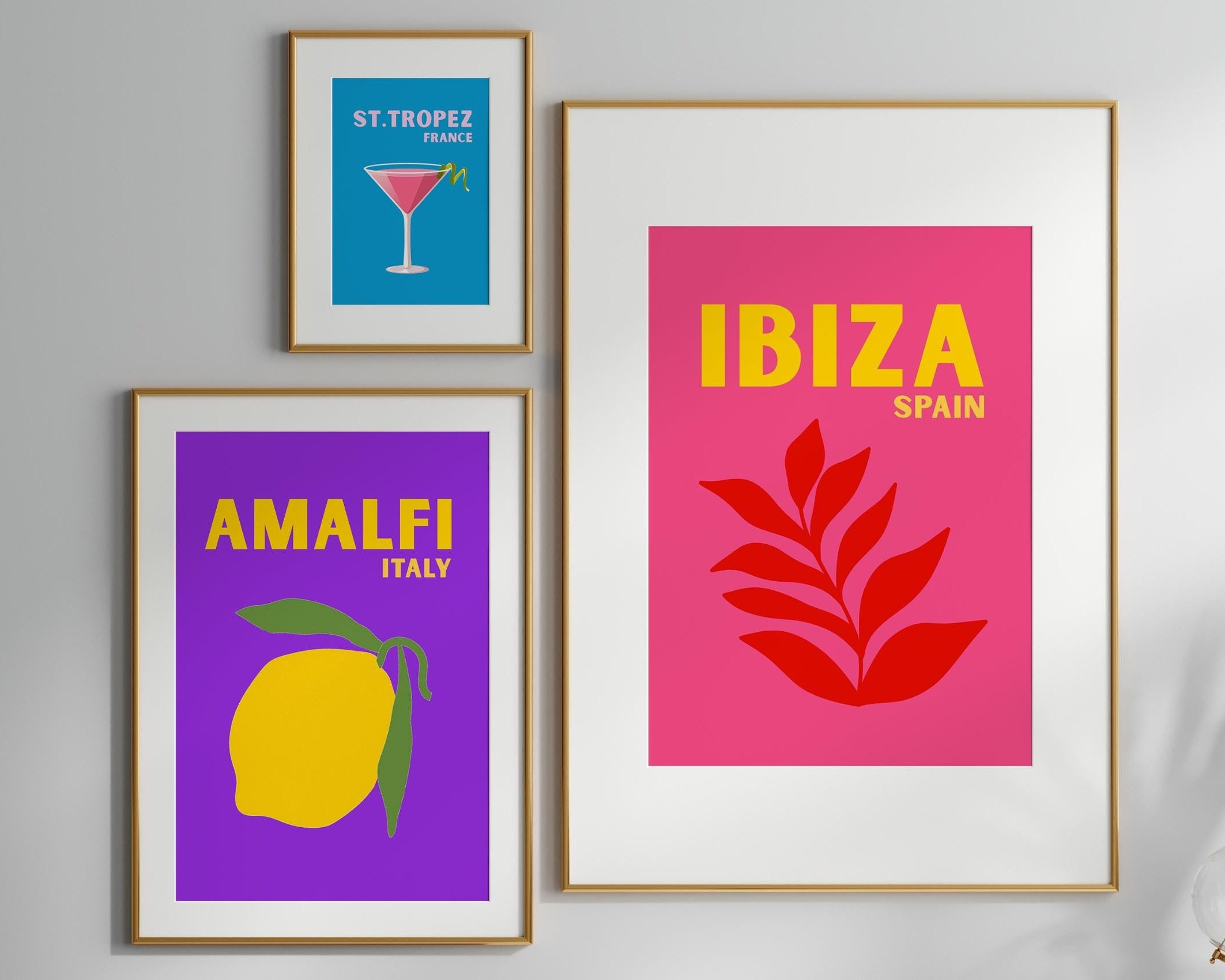 Poster-Set Ibiza, Amalfi, St. Tropez | Travel Sommer neonfarben| Bilder | Wand Deko