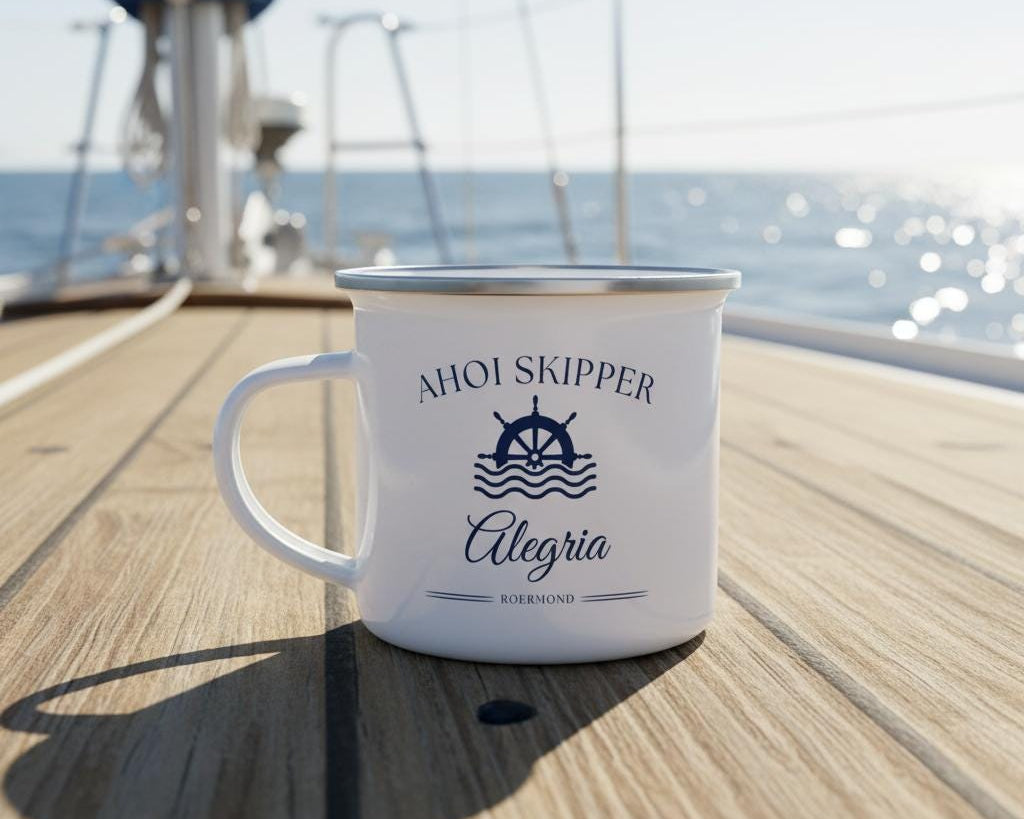 Personalisierte Emaille Tasse Boot – mit Bootsnamen, Hafen & Skipper | Geschenk Bootsbesitzer | Ahoi Skipper | maritime Tasse individuell