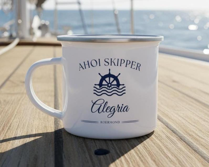 Personalisierte Emaille Tasse Boot – mit Bootsnamen, Hafen & Skipper | Geschenk Bootsbesitzer | Ahoi Skipper | maritime Tasse individuell