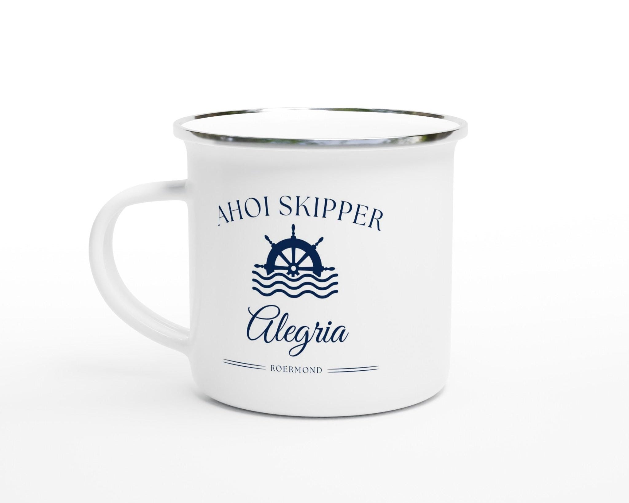 Personalisierte Emaille Tasse Boot – mit Bootsnamen, Hafen & Skipper | Geschenk Bootsbesitzer | Ahoi Skipper | maritime Tasse individuell