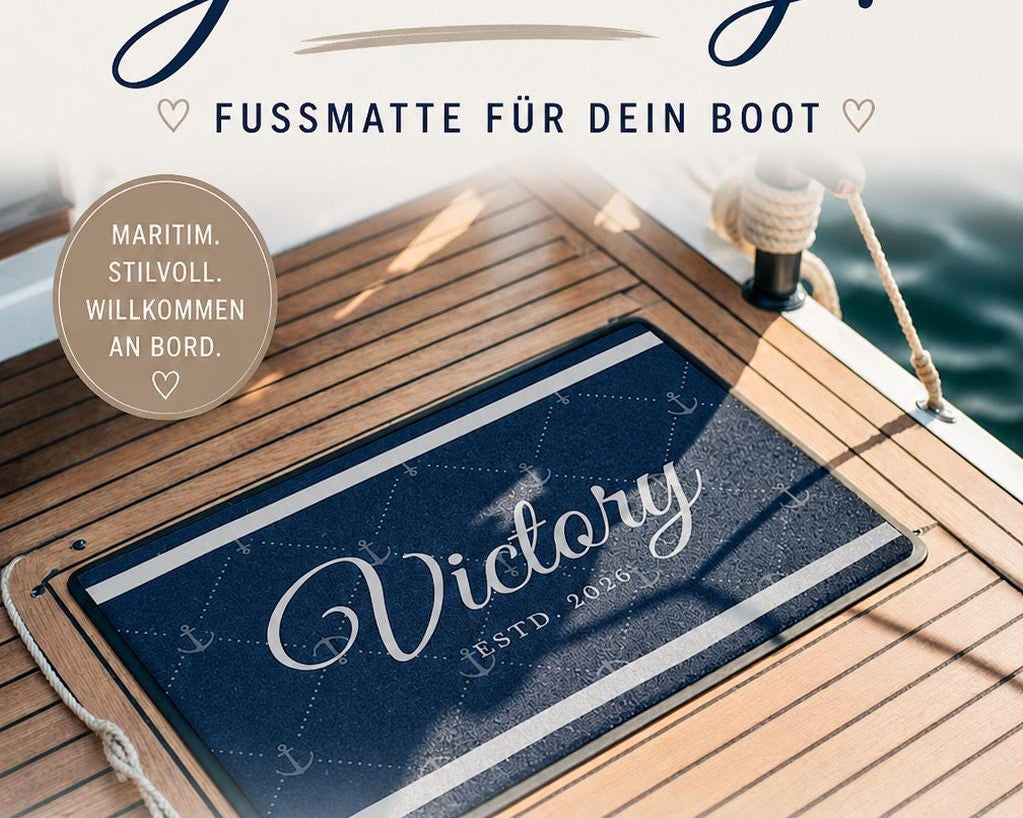Fußmatte Boot Yacht Schiff | Personalisierter Fußabtreter mit Bootsnamen und Jahreszahl in blau weiß, Rand schwarz