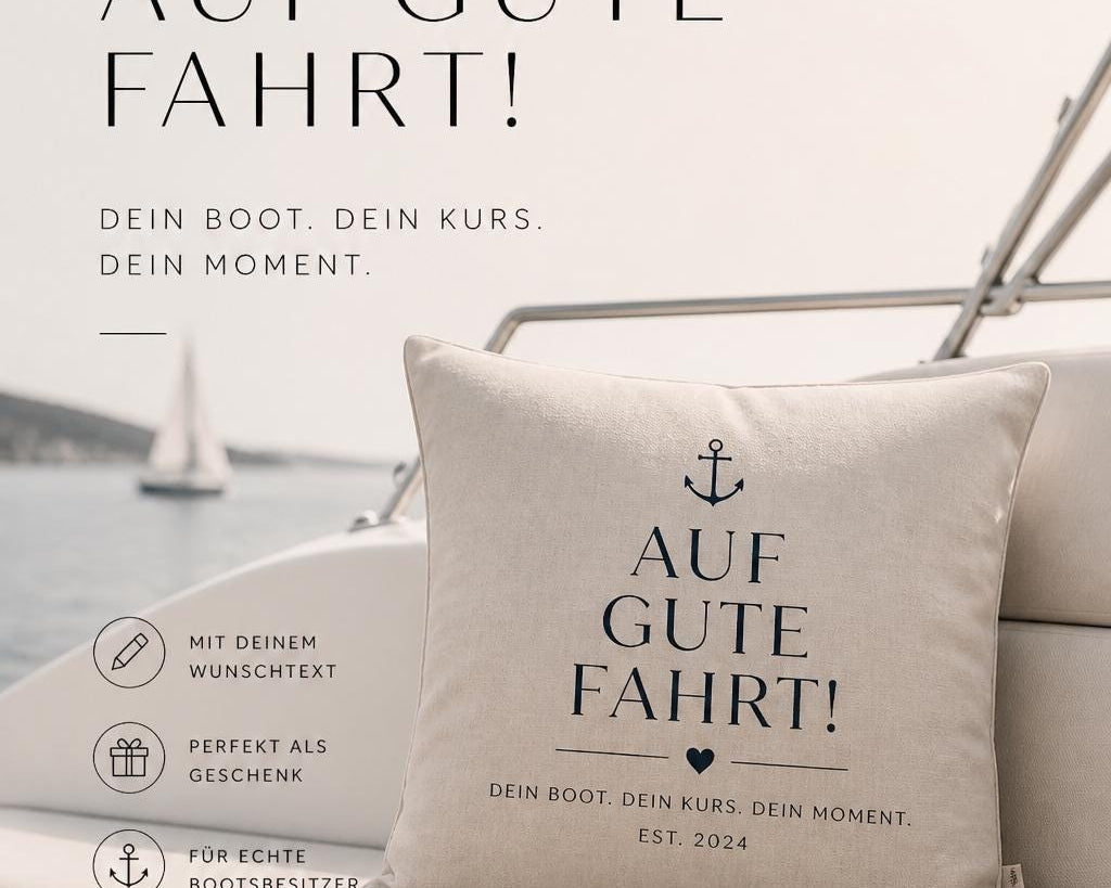 Outdoor Kissen wasserabweisend | Maritimes Dekokissen „Auf gute Fahrt“ | wetterfest | Boot Deko | Geschenk Segeln | personalisierbar | 40x40