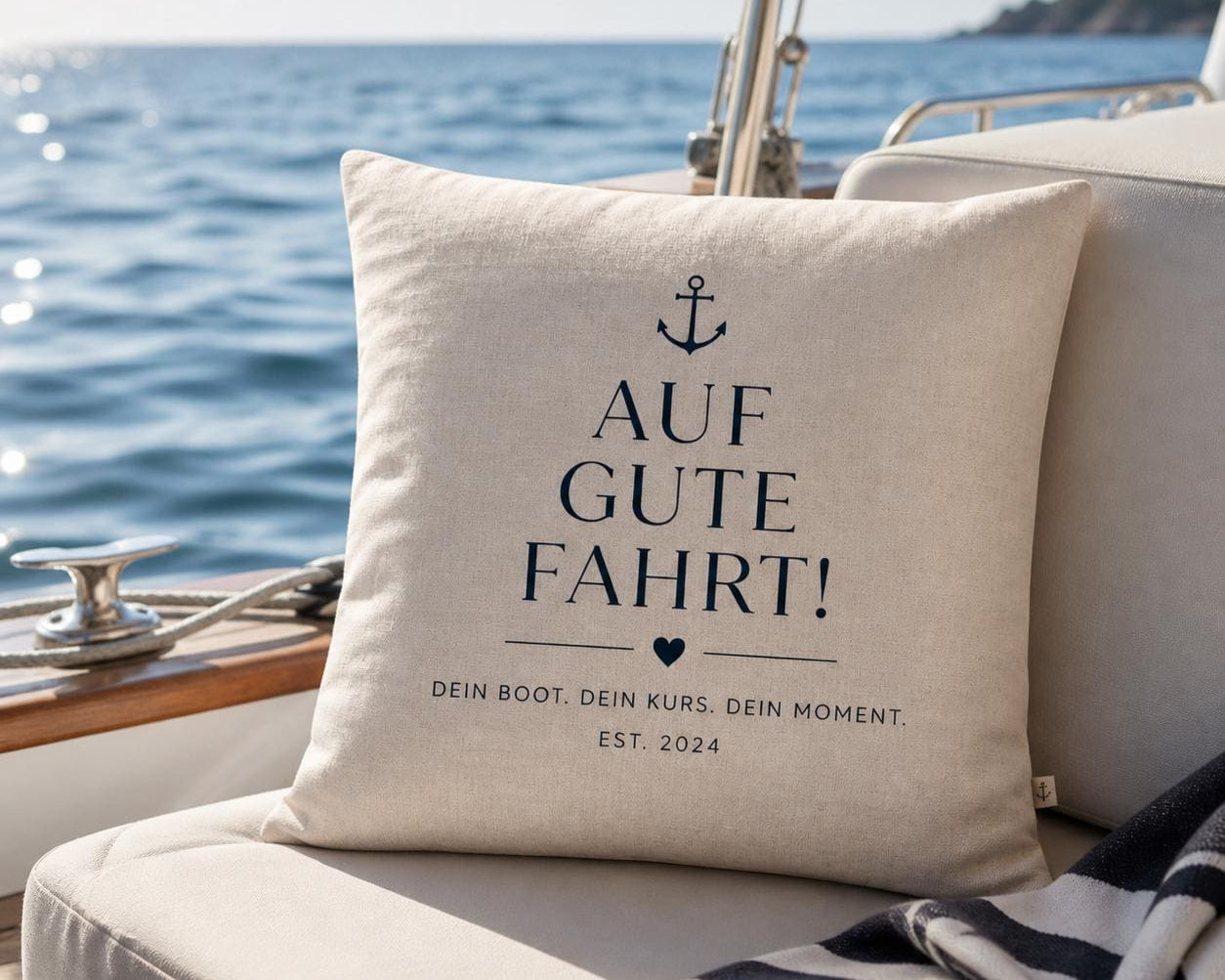 Outdoor Kissen wasserabweisend | Maritimes Dekokissen „Auf gute Fahrt“ | wetterfest | Boot Deko | Geschenk Segeln | personalisierbar | 40x40