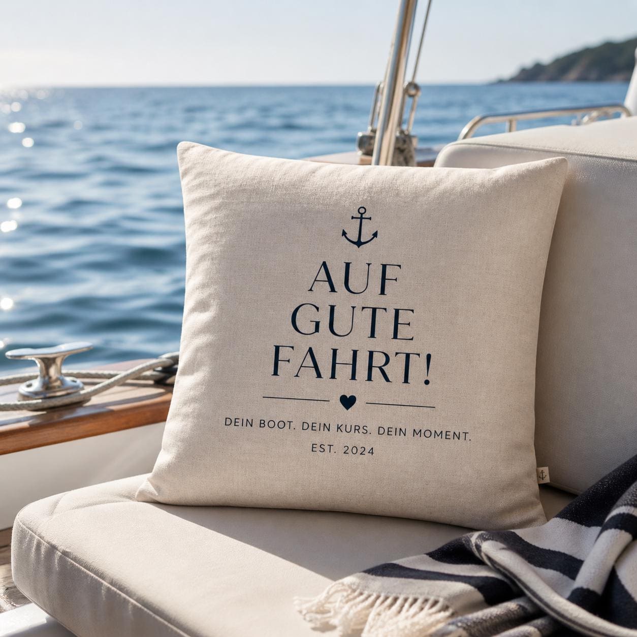 Outdoor Kissen wasserabweisend | Maritimes Dekokissen „Auf gute Fahrt“ | wetterfest | Boot Deko | Geschenk Segeln | personalisierbar | 40x40