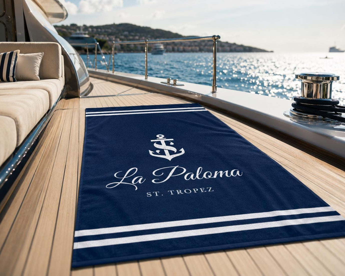 Personalisiertes Bootshandtuch mit Bootsname | Yacht Handtuch | Geschenk Bootsbesitzer | Maritime Badehandtücher 3 Größen | 3 Designs