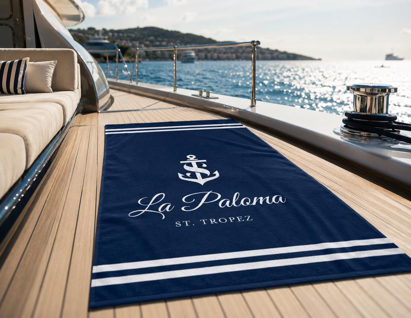Personalisiertes Bootshandtuch mit Bootsname | Yacht Handtuch | Geschenk Bootsbesitzer | Maritime Badehandtücher 3 Größen | 3 Designs