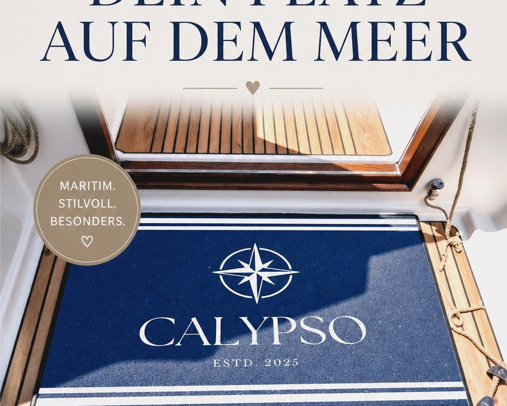 Fußmatte Boot Yacht Schiff | Personalisierter Fußabtreter mit Bootsnamen und Jahreszahl in blau weiß, Rand schwarz