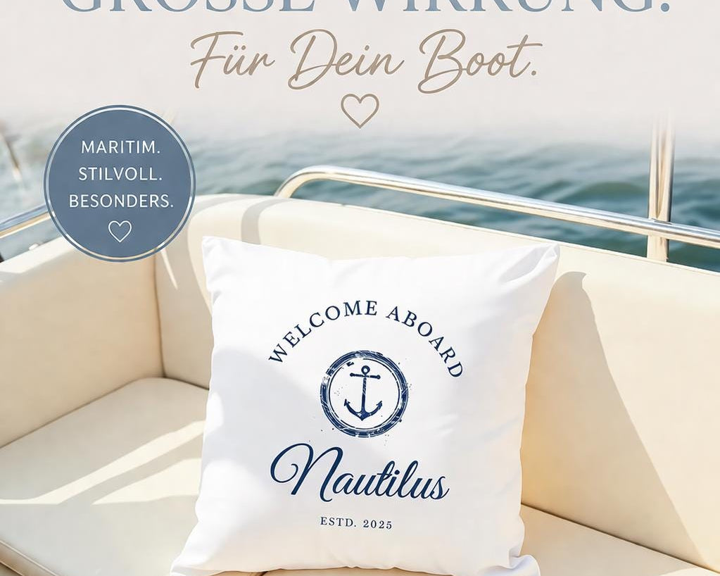 Fußmatte Boot Yacht Schiff | Personalisierter Fußabtreter mit Bootsnamen und Jahreszahl in blau weiß, Rand schwarz