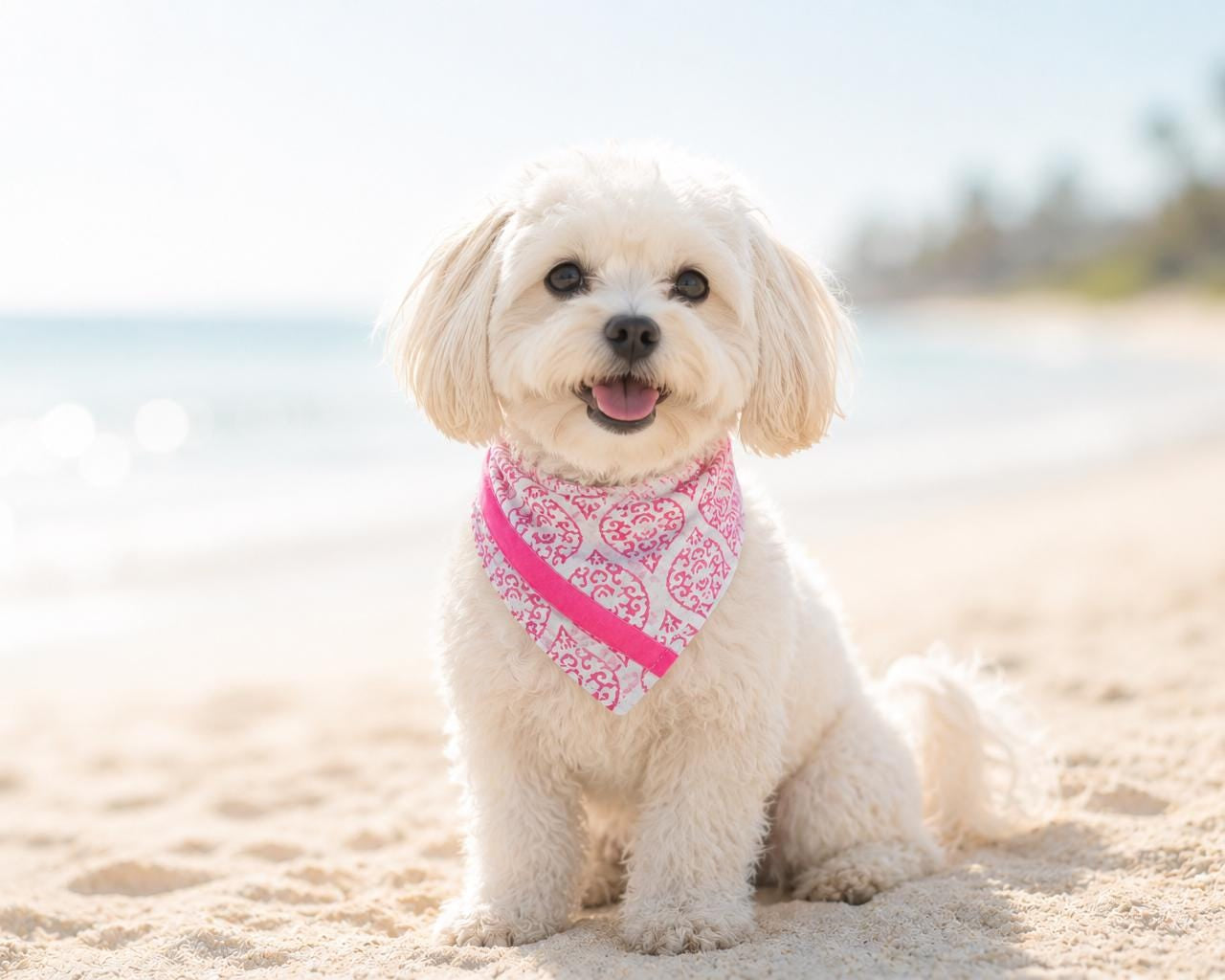 Weiß pinkes Hunde Halstuch | Bandana zum Wenden | Ethnomuster | Dreieckstuch zum Binden | Samtband | Gr. S