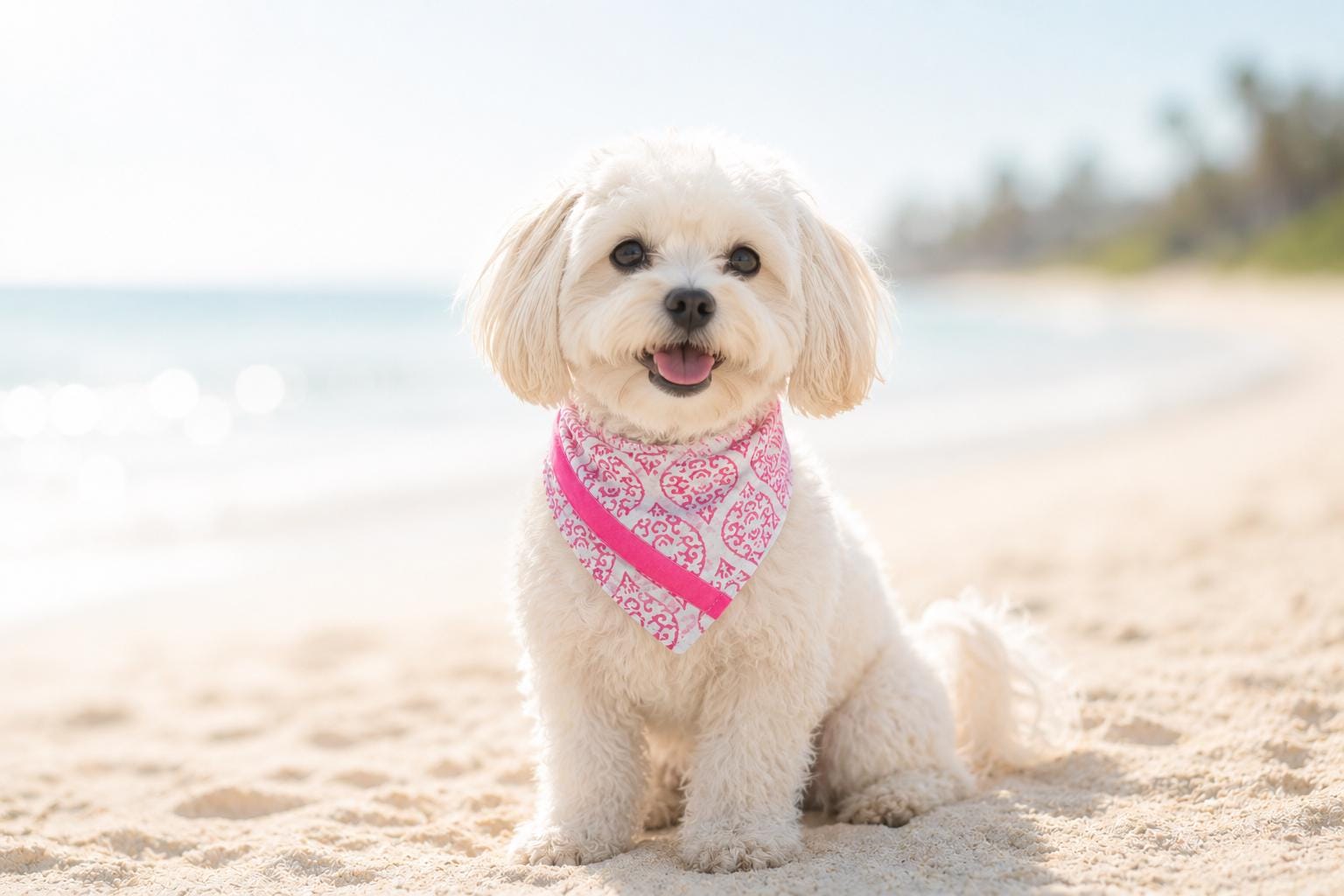 Weiß pinkes Hunde Halstuch | Bandana zum Wenden | Ethnomuster | Dreieckstuch zum Binden | Samtband | Gr. S