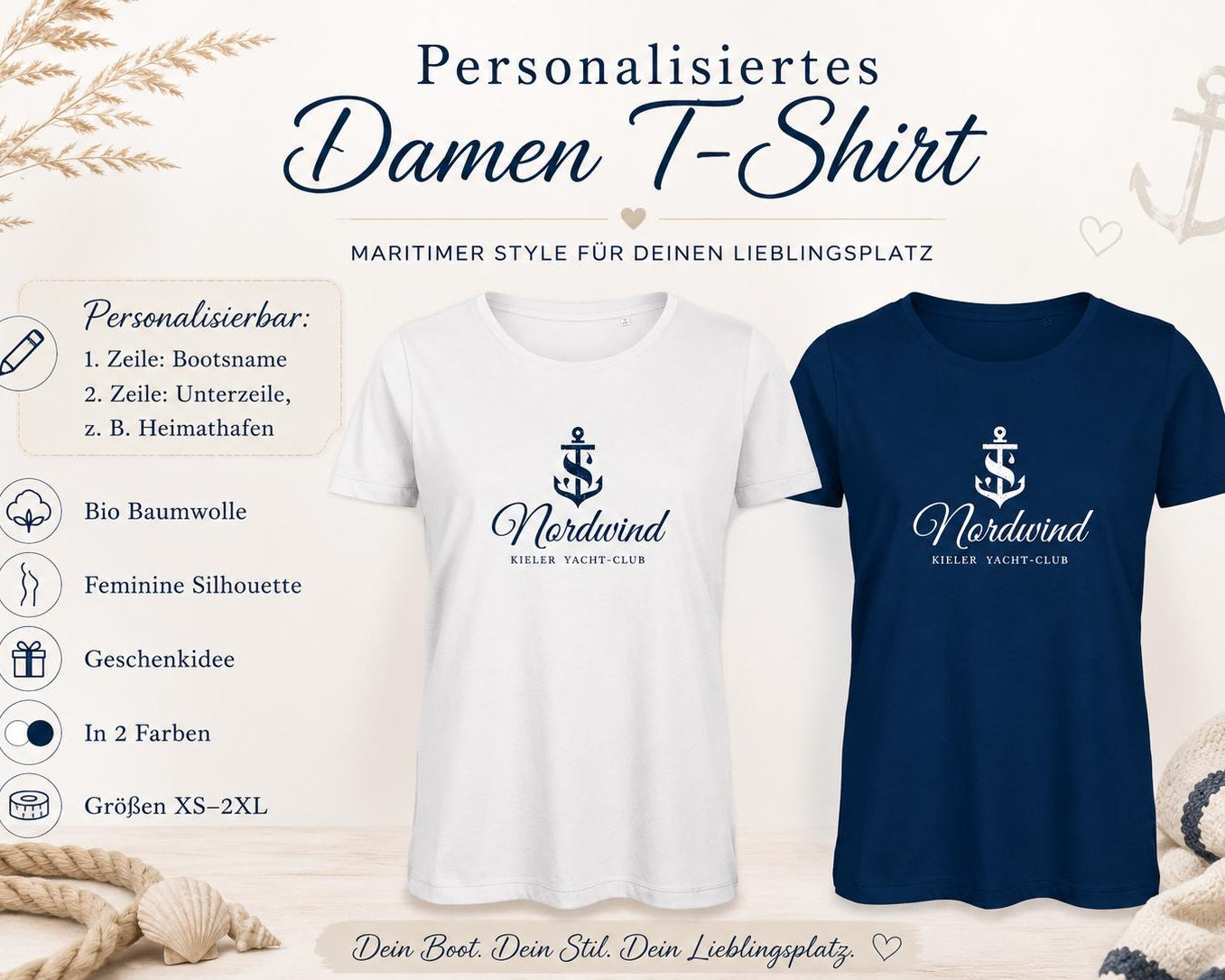 Personalisiertes Damen Bio T-Shirt mit Bootsname – Premium Shirt für Seglerinnen, Yachtbesitzerinnen & Bootsliebhaberinnen