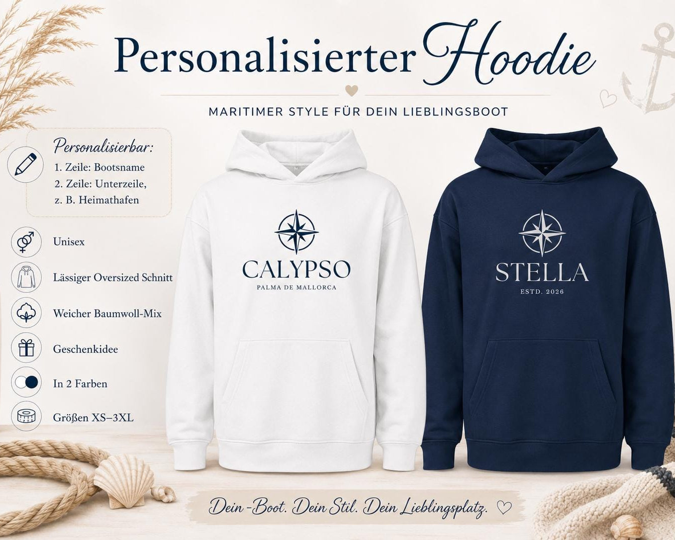 Personalisierter Oversized Hoodie mit Bootsname – Unisex Hoodie für Segler, Bootseigner & Yachtfans | blau oder weiß